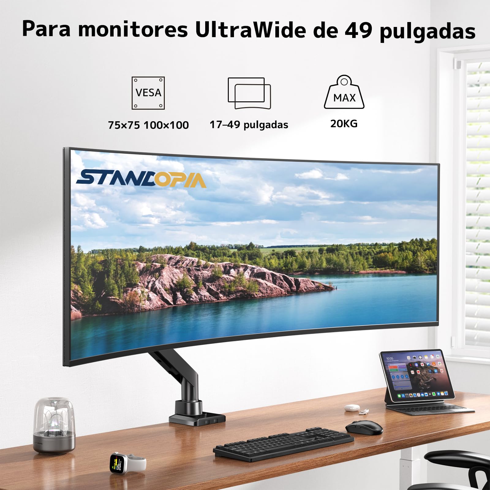 Soporte Monitor 1-Monitor para Pantallas de 17-49 Pulgadas – Brazo Monitor Ultrawide, Inclinable, Ajustable en Altura, Giratorio, Carga Máx. 20KG, VESA 75/100mm, Negro