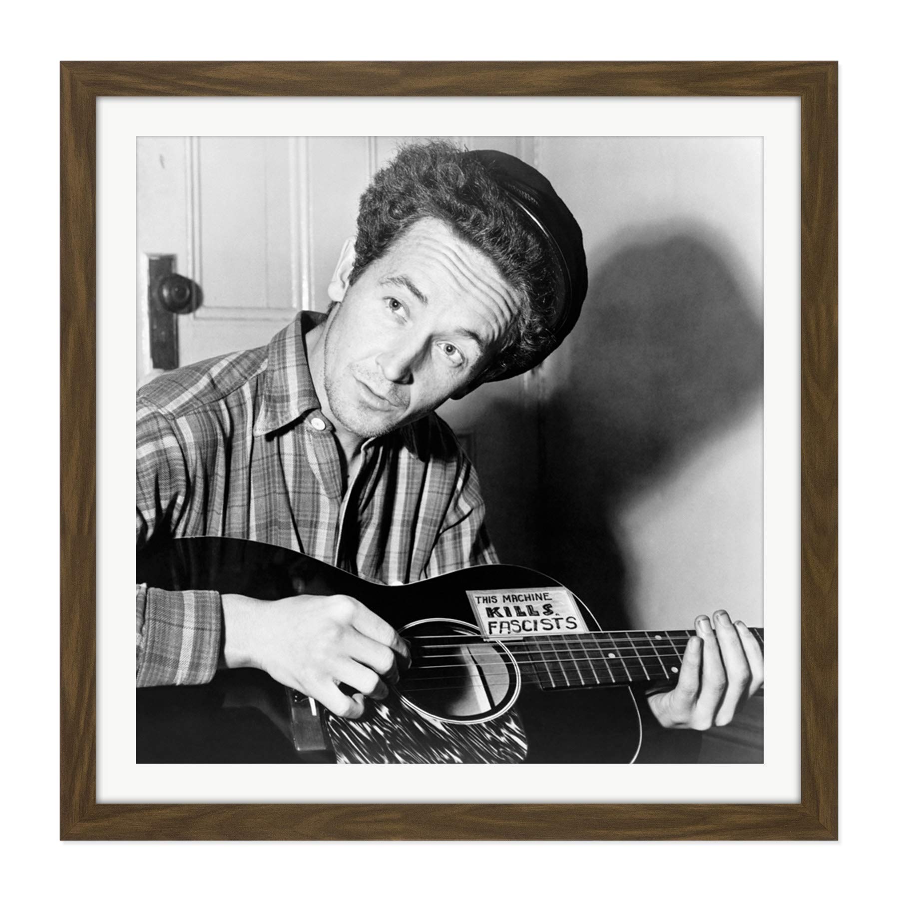 Aumuller Portrait Folk Singer Woody Guthrie Kill Fascists Photo Square Wooden Framed Wall Art Print Picture 16X16 Inch