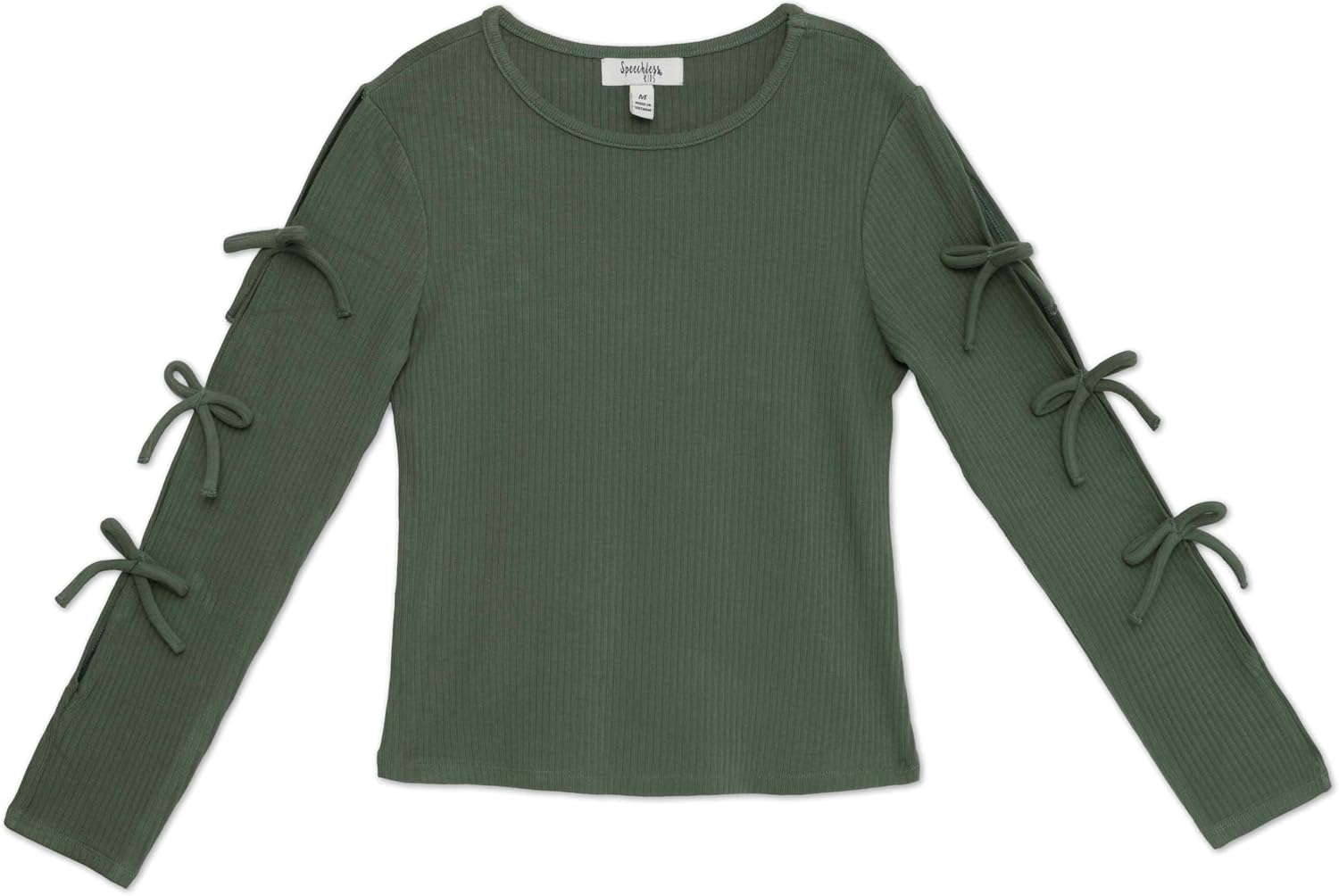 Speechless Girls' Long Sleeve Rib Knit Top with Side Slit and Bow Detail