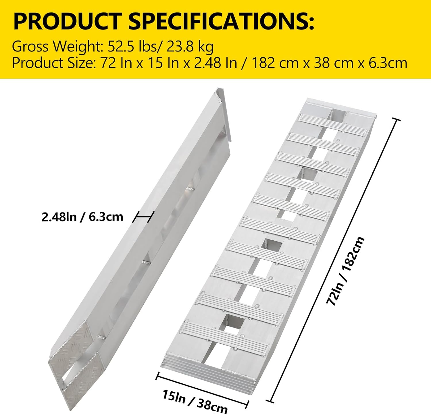 2 Pcs Aluminum Ramps, 6800 Lbs Capacity, 72" Lx 15" w, Heavy-Duty Ramps with Top Hook Attachment End, Universal Loading Ramp for Motorcycles, Tractors, ATVs/UTVs, Trucks, Lawn Mowers