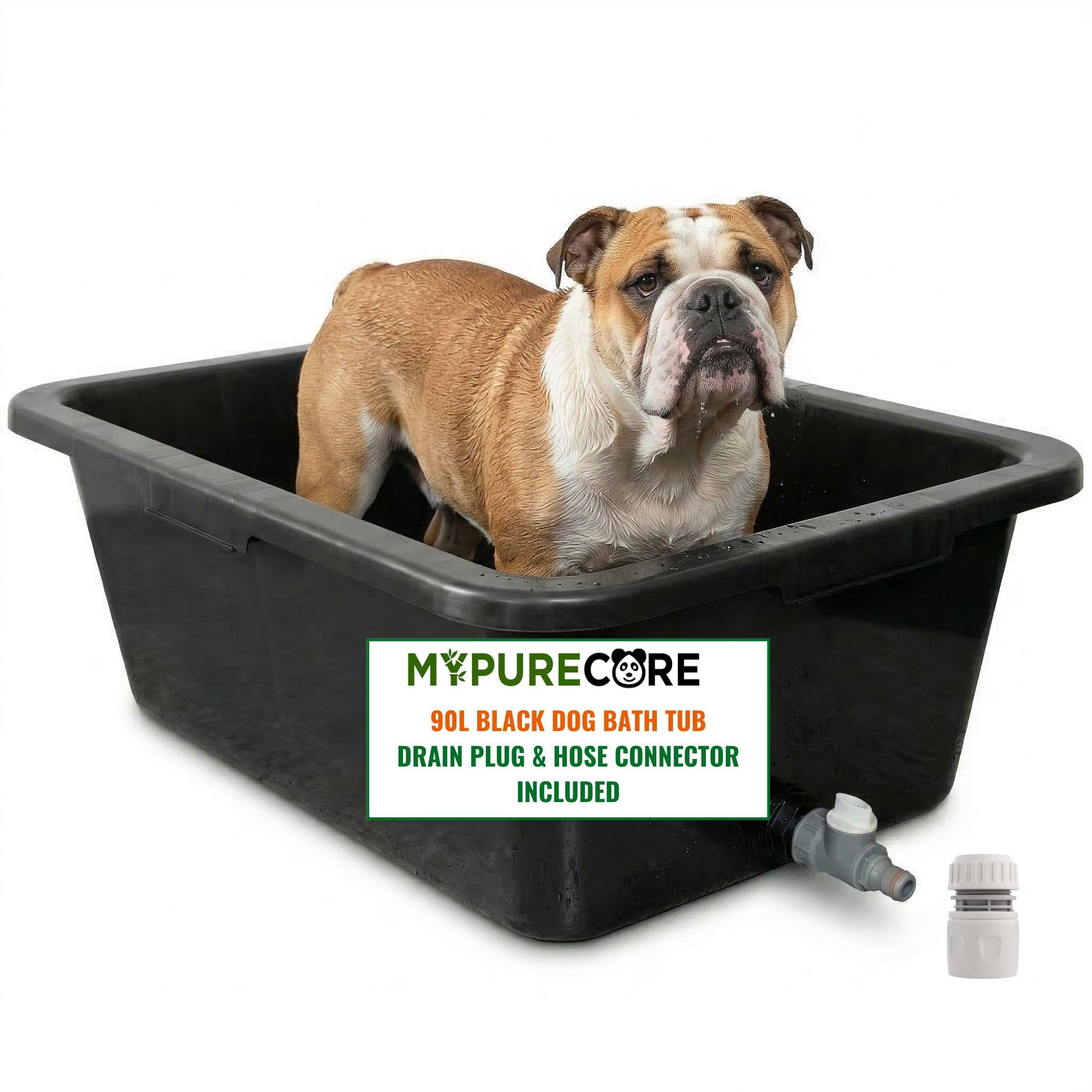 MYPURECORE Black Dog Bath Tub – Pet Bath Pool with Drain Plug & Hose Connector – Durable Plastic Bath for Indoor & Outdoor Pet Care (90L Dog Bath Tub)