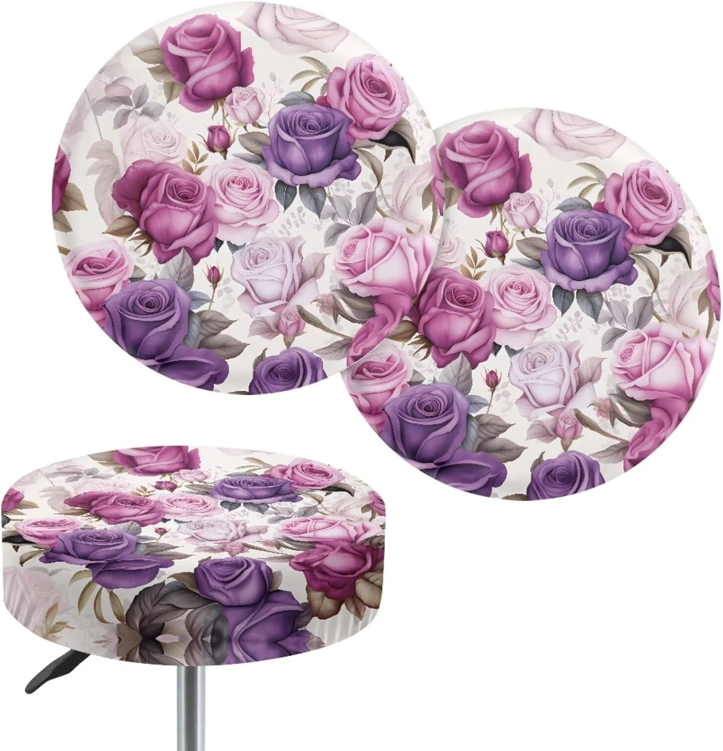 Rose Printed Stool Cover 2 Piece Round Bar Stool Slipcover Replacement Bar Stool Seat Cover Stretch Barstool Slipcover Fits for 12-16 Inch Chair, L