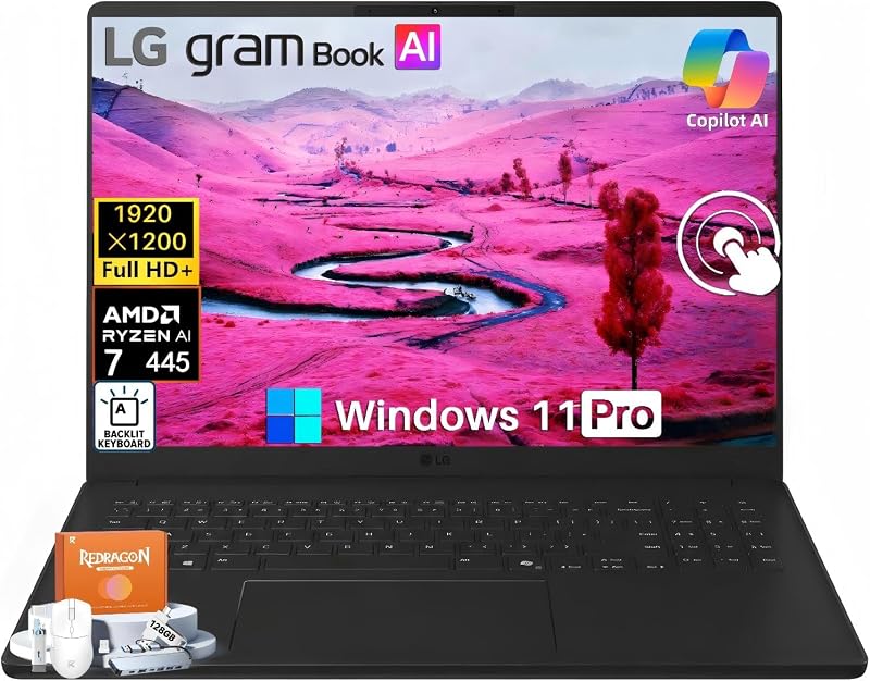 Gram Book 16 Copilot+ PC Touchscreen Laptop, FHD+ IPS 120Hz Screen, AMD Ryzen AI 7 445, 16GB DDR5 RAM, 1TB SSD, Hasta 26 Horas, Wi-Fi 6E, Ligero Dual AI Business Laptop, Windows 11 Pro