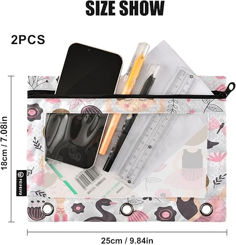 Miniatura 3 de Linda bolsa de lápices de bailarina para carpeta de 3 anillos, 2 bolsas para lápices con cremallera, estuche transparente con cremallera para