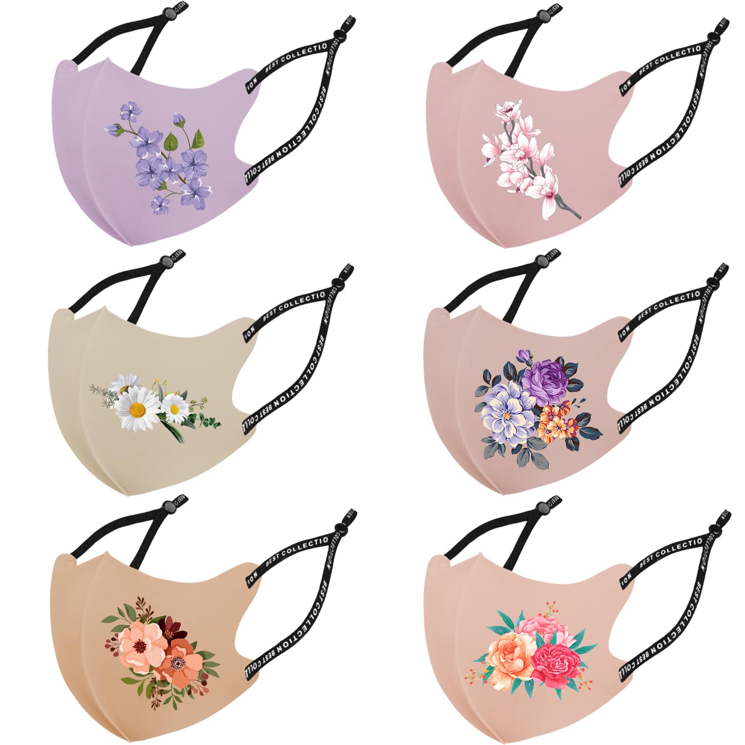 OMG Decor Reusable and Washable Face Masks,Adjustable Ice Silk Cloth Mask,Beautiful Flower Pattern Cloth Face Mask,Pack of 6,S1
