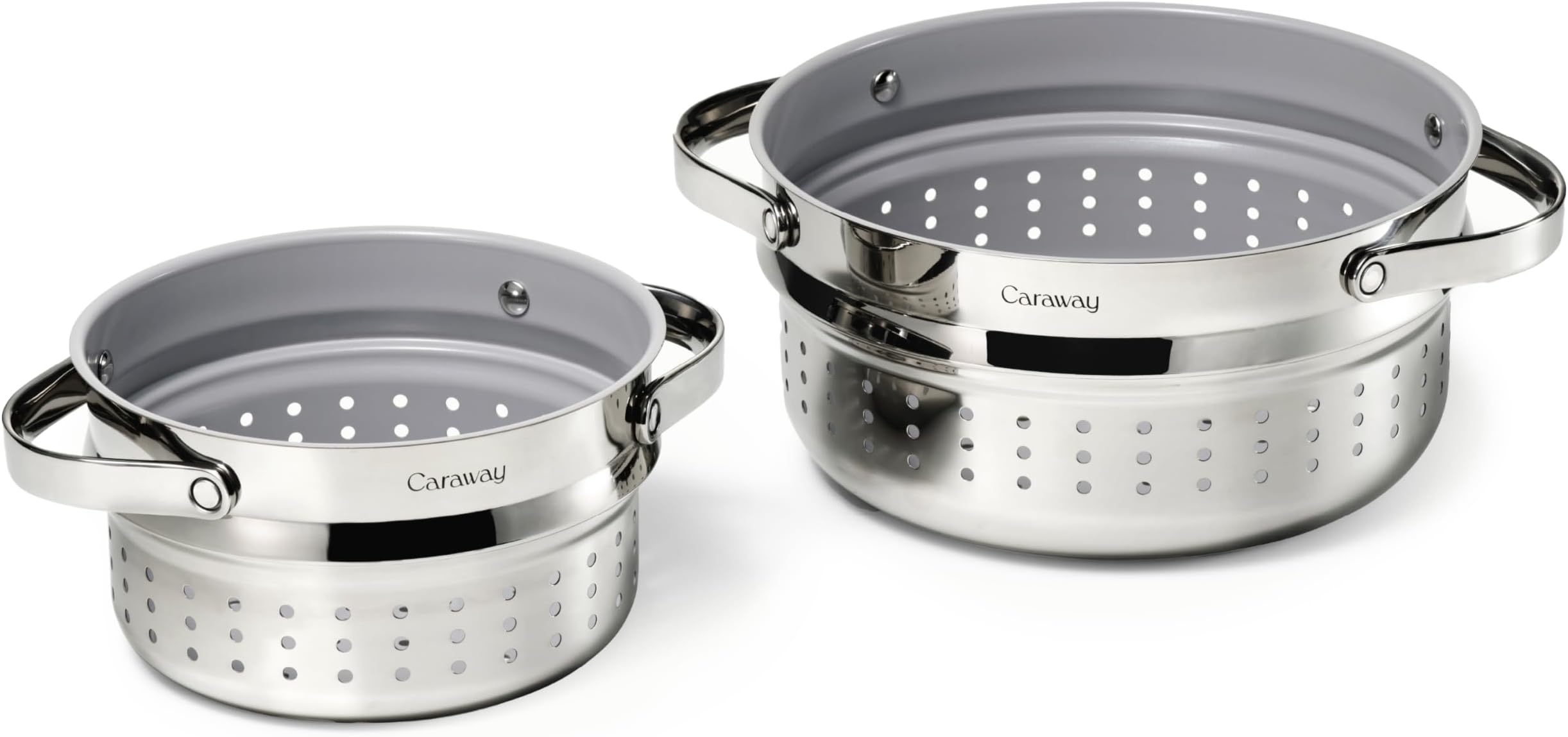 Caraway Steamer Duo - Stainless Steel Steamer with Handles - Non Stick, Non Toxic Coating - Steam Veggies, Seafood, and More - Compatible With Our Dutch Oven or Sauce Pan