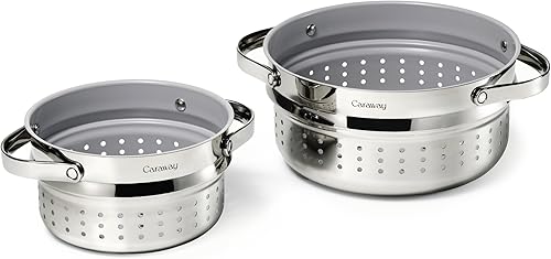 Caraway Steamer Duo - Vaporizador de acero inoxidable con asas, revestimiento antiadherente, no tóxico, verduras al vapor, mariscos y más,
