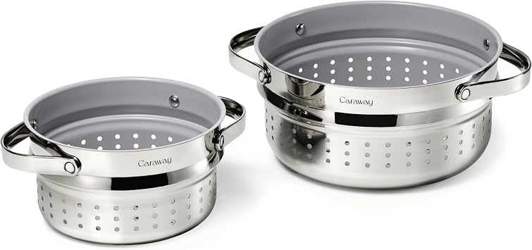 Caraway Small & Large Steamer Set Made with Handles - Non Stick, Non Toxic Coating - Steam Veggies, Seafood, and More - Compatible With Our Dutch Oven or Sauce Pan 3qt & 6.5qt - Stainless Steel