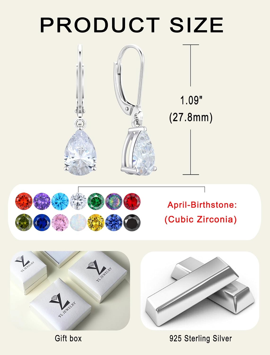 YL 925 Sterling Silver Teardrop Dangle Drop Earrings for Women 7x10 MM Solitaire Birthstone Leverback Jewelry - Image 6