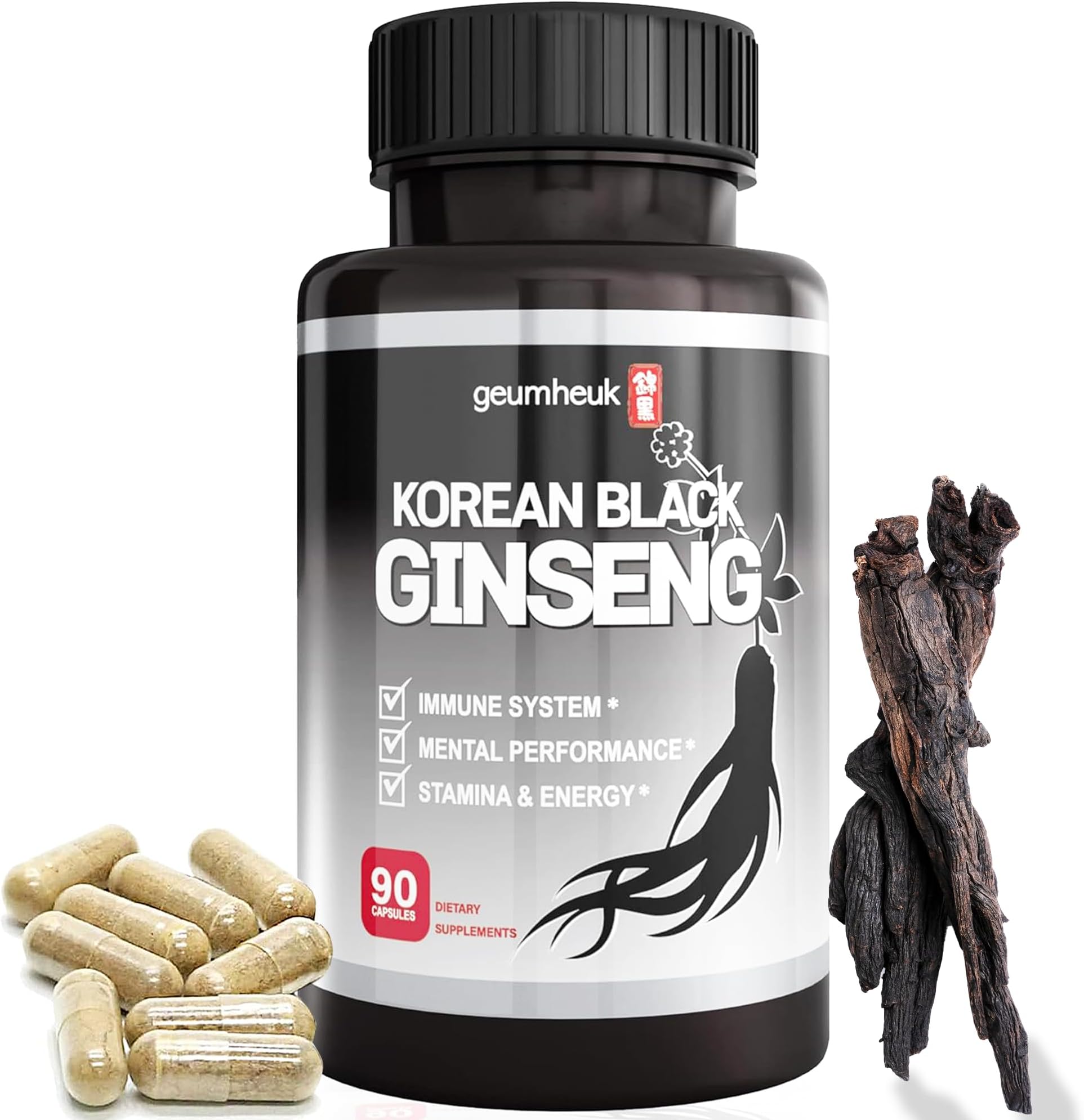 GeumHeuk Korean Black Ginseng Capsule 1000mg Supplement - Non GMO, High Ginsenosides, High Absorption Rate, Enhance Immunity, Metal Performance, Stamina & Energy, Men & Women - 90 Vegan Capsules