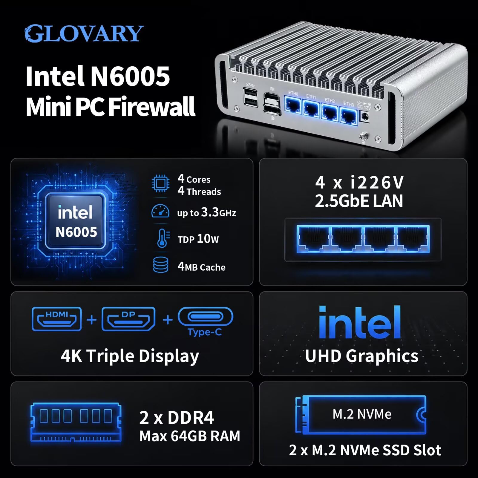 N6005 Mini PC Fanless Firewall Appliance, 4 x i226V 2.5GbE LAN OPNsense Router, Network Security Hardware, DDR4 16GB RAM 256GB SSD, 4K Triple Display