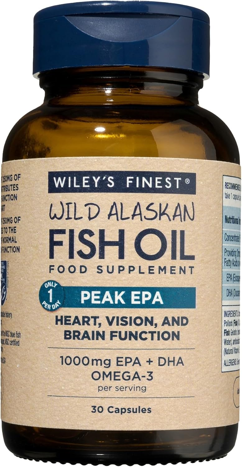 Wiley’s Finest Wild Alaskan Fish Oil Peak EPA – Triple Strength Peak EPA and DHA – 1000mg Omega-3s, SQF-Certified – 30 Softgels (30 Servings)