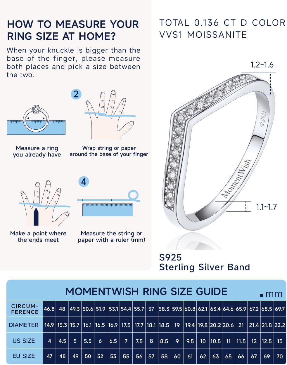 MomentWish Wedding Bands for Women, Moissanite Engagement Ring, Simulated Diamond Wedding Ring S925 Sterling Silver Eternity Rings