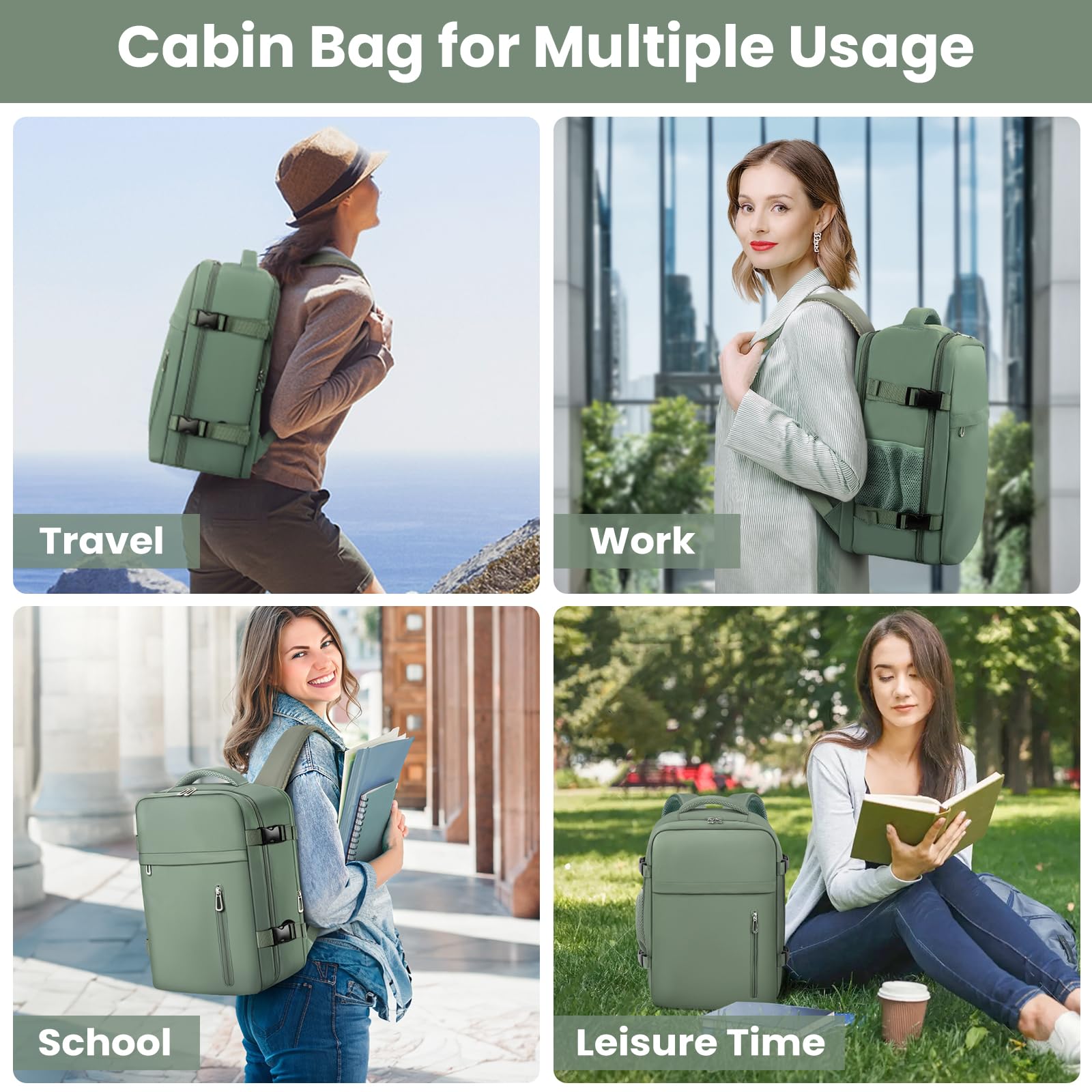 OTAHGK Bagage Cabine 40 x 30 x 20 pour Ryanair, Sac à Dos de Voyage Bagage à Main Avion Sac à Main sous Le Siège Valise Décontracté École Bureau Sac Ordinateur Portable -Vert