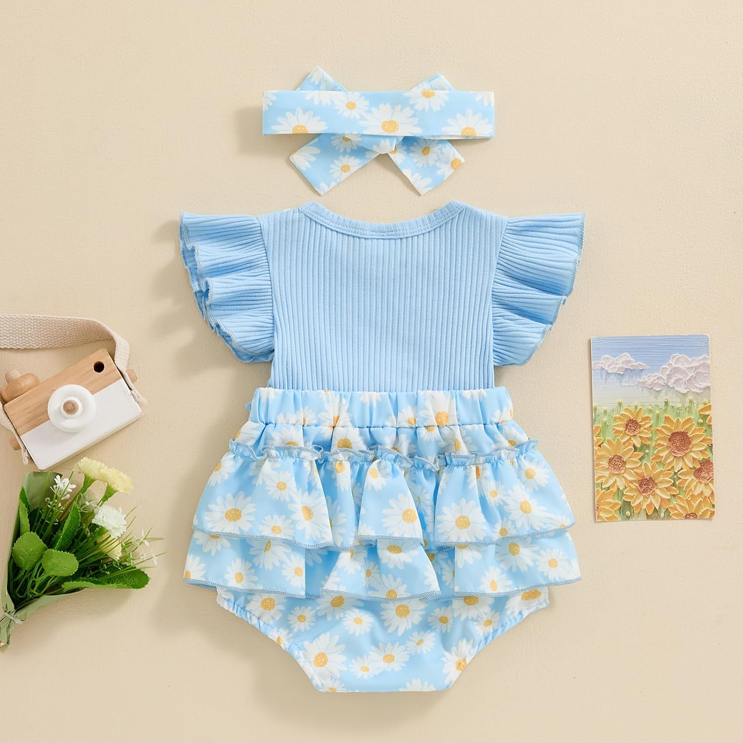 Newborn Baby Girl Outfit Fly Sleeve Floral Romper Dress Headband Infant Cute Summer Clothes Set - Image 7