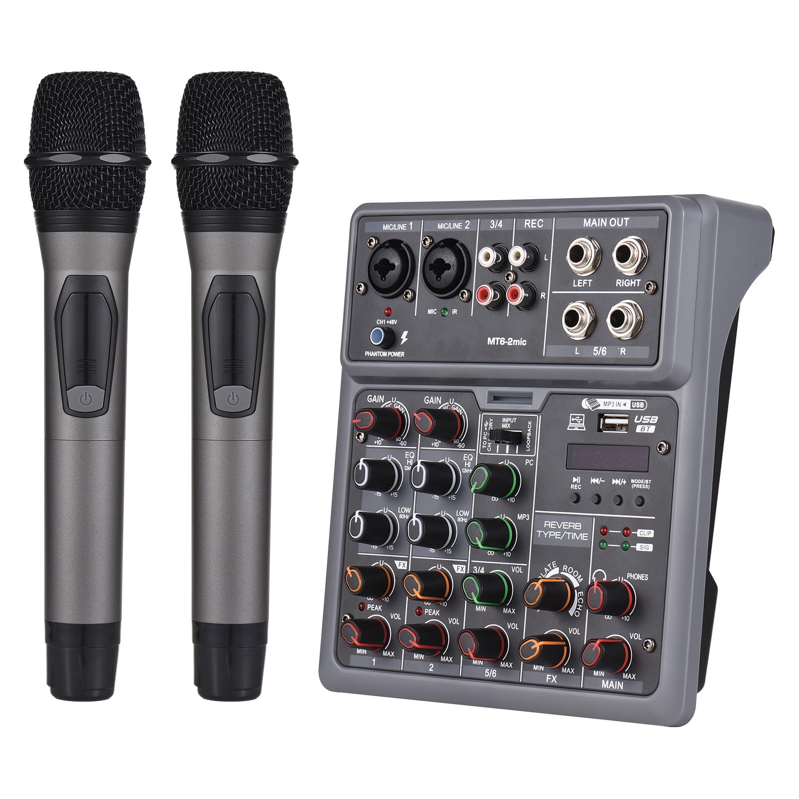 Domary Mixer Audio a 6 con 2 Microfoni Wireless Mixer BT OTG 48V Alimentazione Phantom 4 Effetti Scena per Home Theater Studio Registrazione Live Streaming
