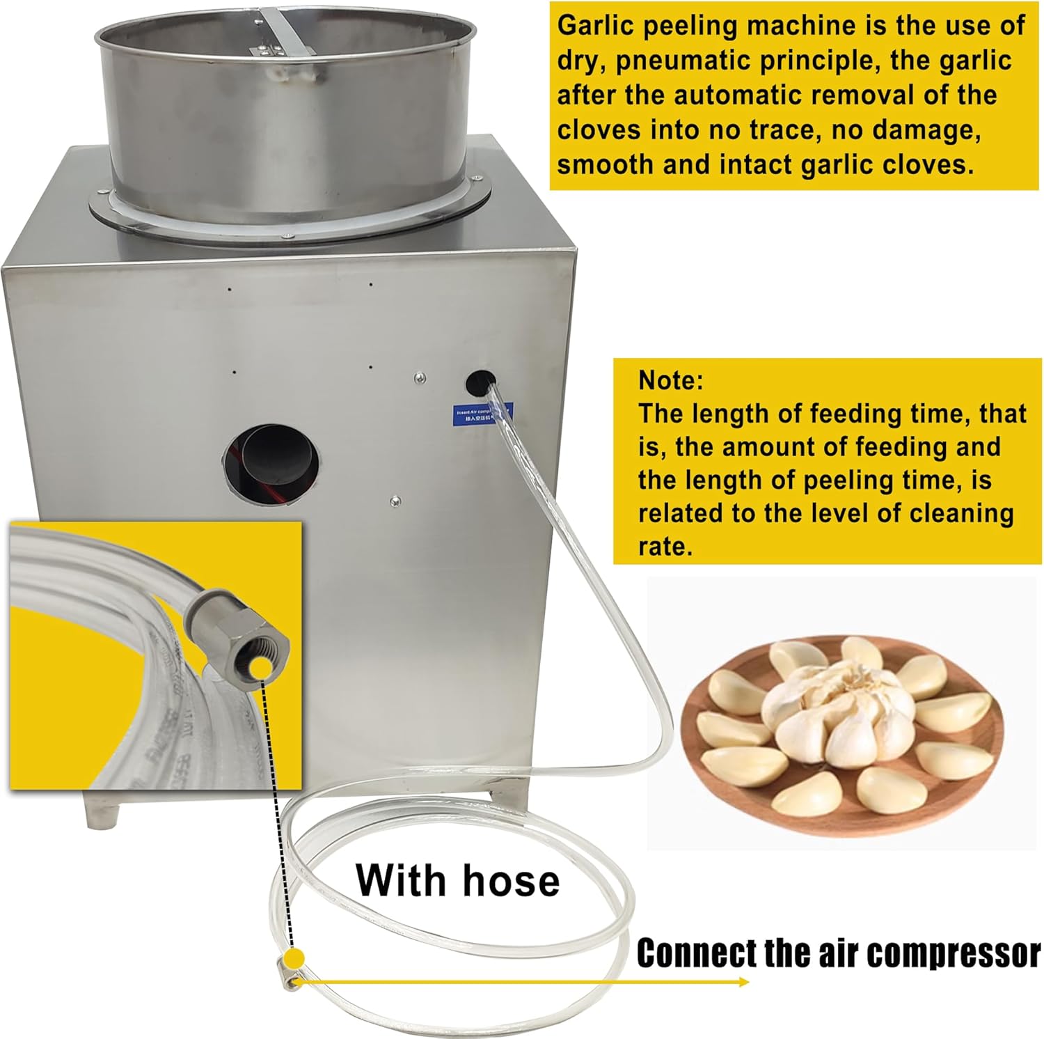 Pneumatic Garlic Peeling Machine Fully Automatic Dry Garlic Peeler Commercial Stainless Steel 30KG/H Garlic Peel Remover 80% Threshing Rate Whole Garlic Separator 110V No Compressor