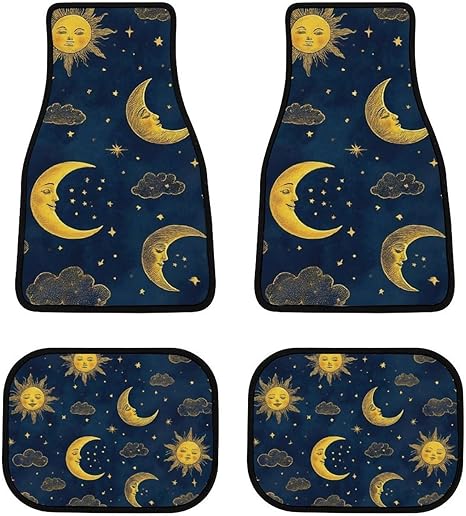 4 Piece Full Set Sun Moon Boho Astrology Car Mat Set Universal Fit Most Cars Trucks, Non Slip Backing Carpet Floor Mats Car Decoration