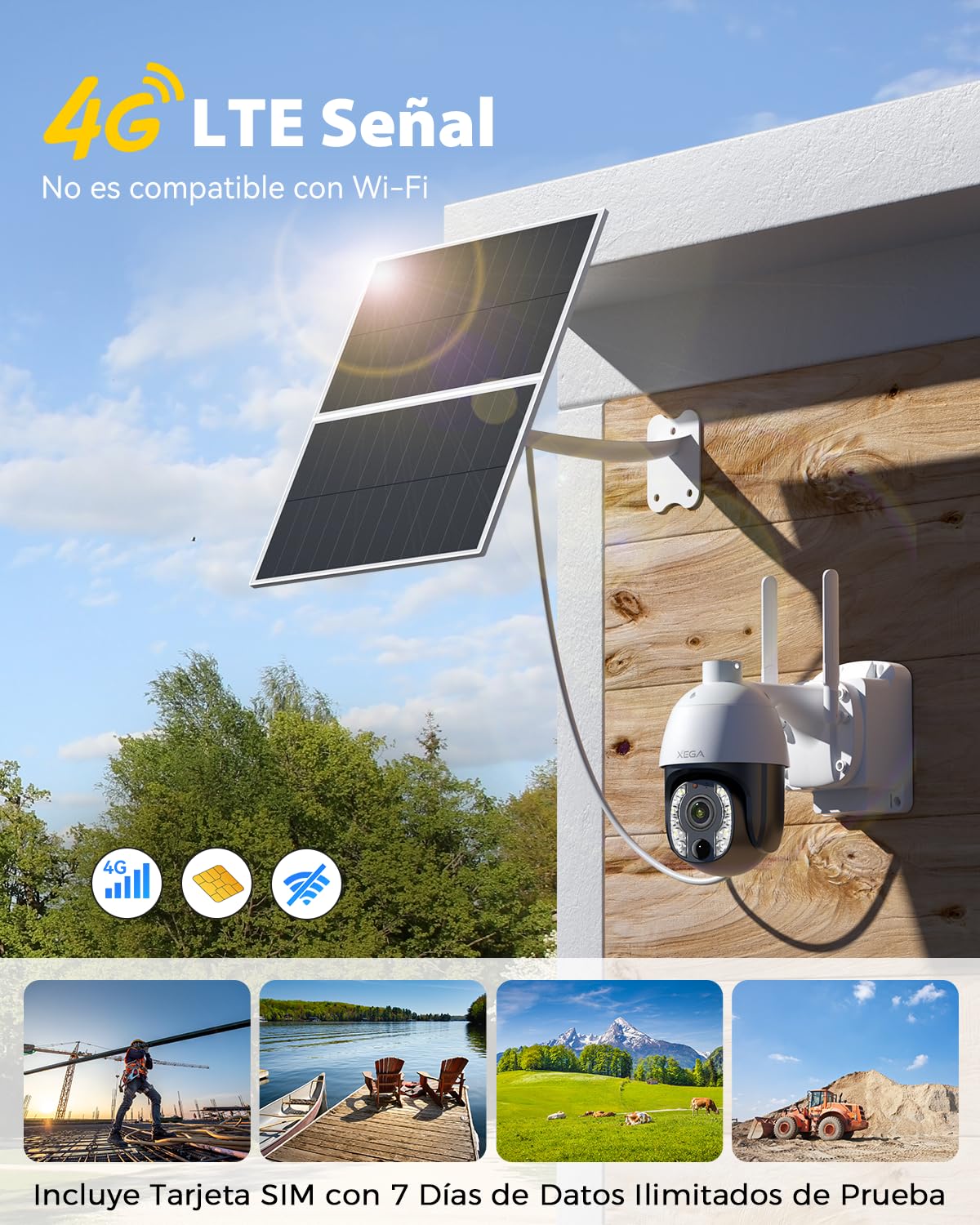 Xega 5MP【10X Óptico Zoom】 4G LTE Cámara Vigilancia sin WiFi con Tarjeta SIM | 20W Panel Solar 30,000 mAh Batería Grabación 24/7 Exterior Detección Humana Visión Nocturna 100ft Audio Bidireccional