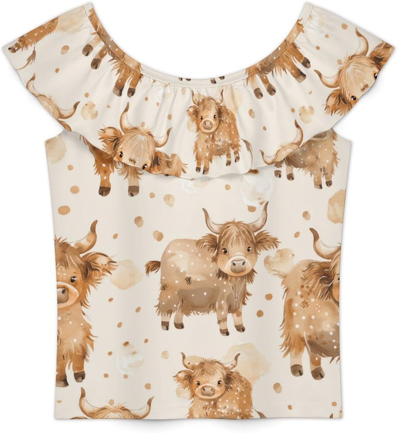Cute Scottish Highland Cow Girls T-Shirts Top Ruffle Short Sleeve Blouse Casual Graphic Tees