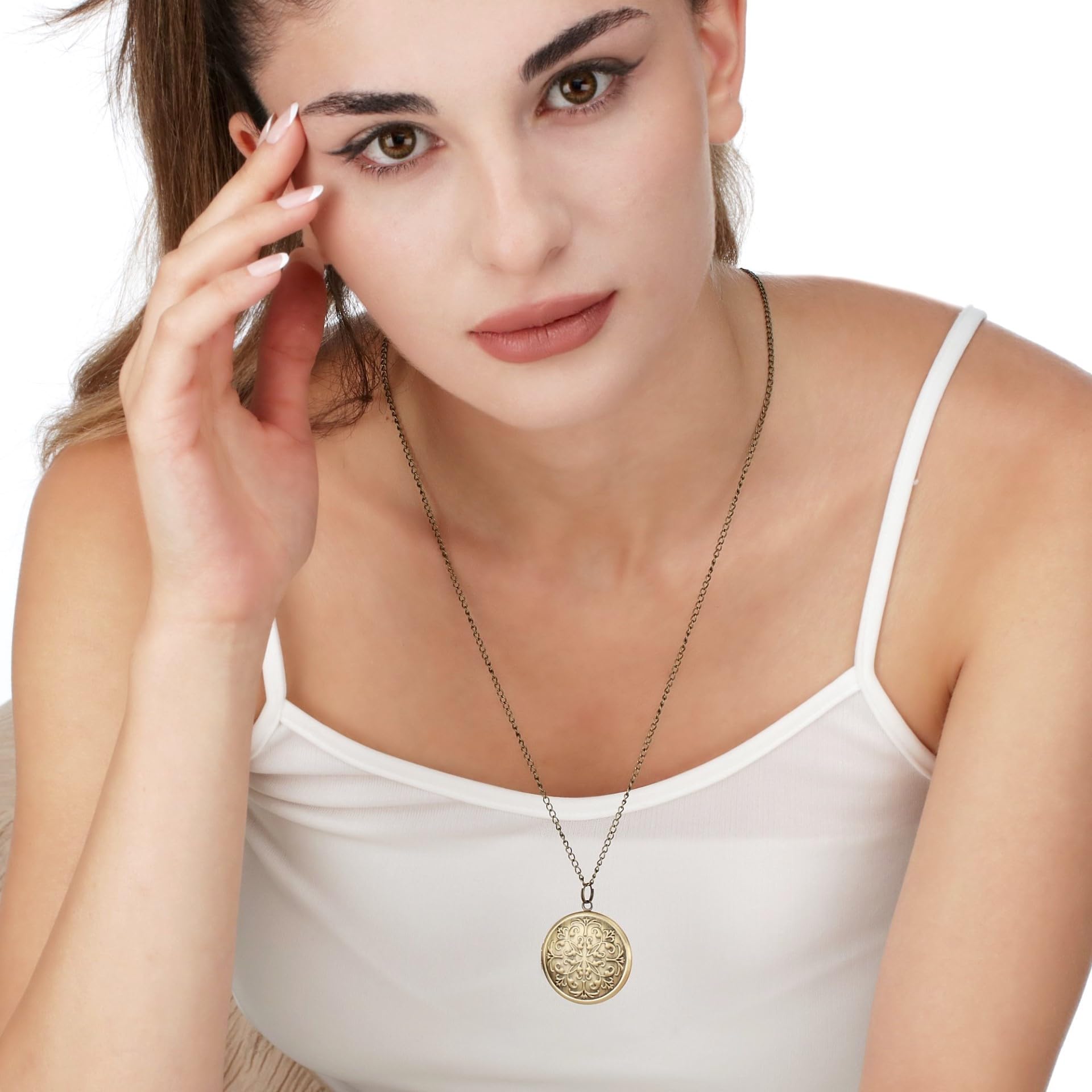 MadamLili - Personalisierbar Bronze Kette Foto Medaillon - Amulett Aufklappbar - Kostenloser Fotoservice - Vintage Stil - Halskette 70cm - Handgefertigt - Gravur Schmuck - Namenskette - Schmuckbox