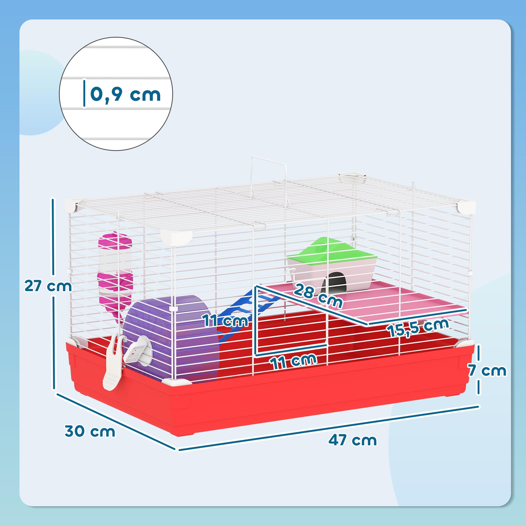PawHut Hamsterkäfig, Nagetierkäfig, 2 Ebenen, abnehmbare Basis für eine einfache Reinigung, Schuppen, Laufrad, Leiter und Schüssel, 47 x 30 x 27 cm, Weiß und Rot