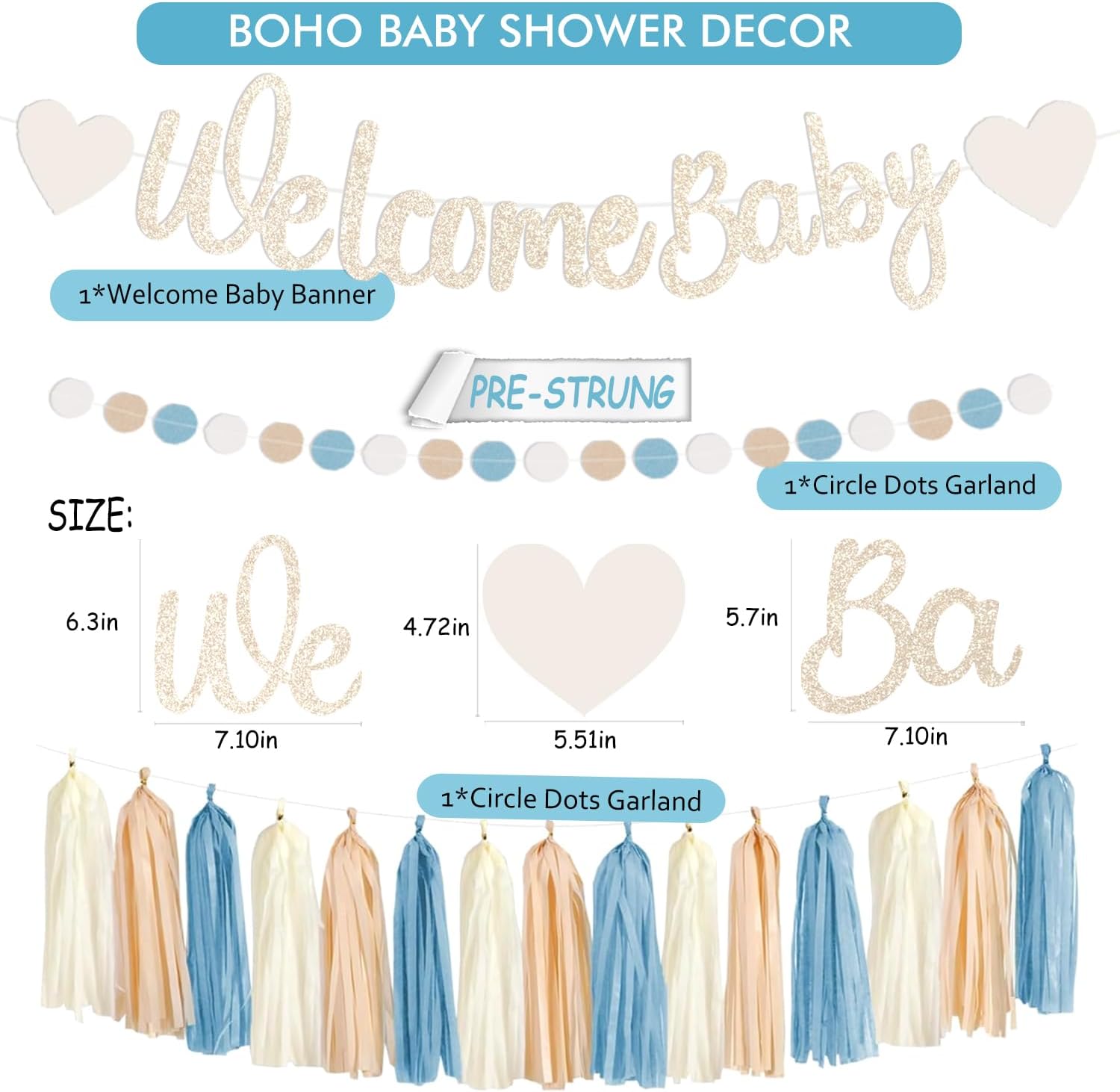 Light-Dusty Blue Boho Baby Shower Party-Decorations Beige Champagne Boy Neutral Welcome Baby Banner Décor With Honeycomb Balls Circle Dots Garland Lantern PomPoms Flowers Hanging Swirls Party Supplies