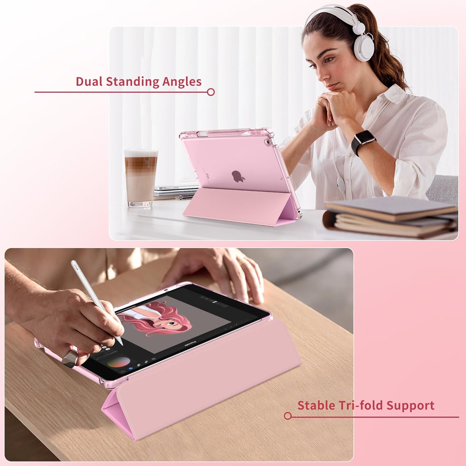 MoKo for iPad 9th/8th/7th Generation Case 10.2-Inch 2021/2020/2019 with Pencil Holder, Slim Light Trifold Smart Protective Cover for iPad 10.2 with Hard PC Translucent Back Shell, Pink