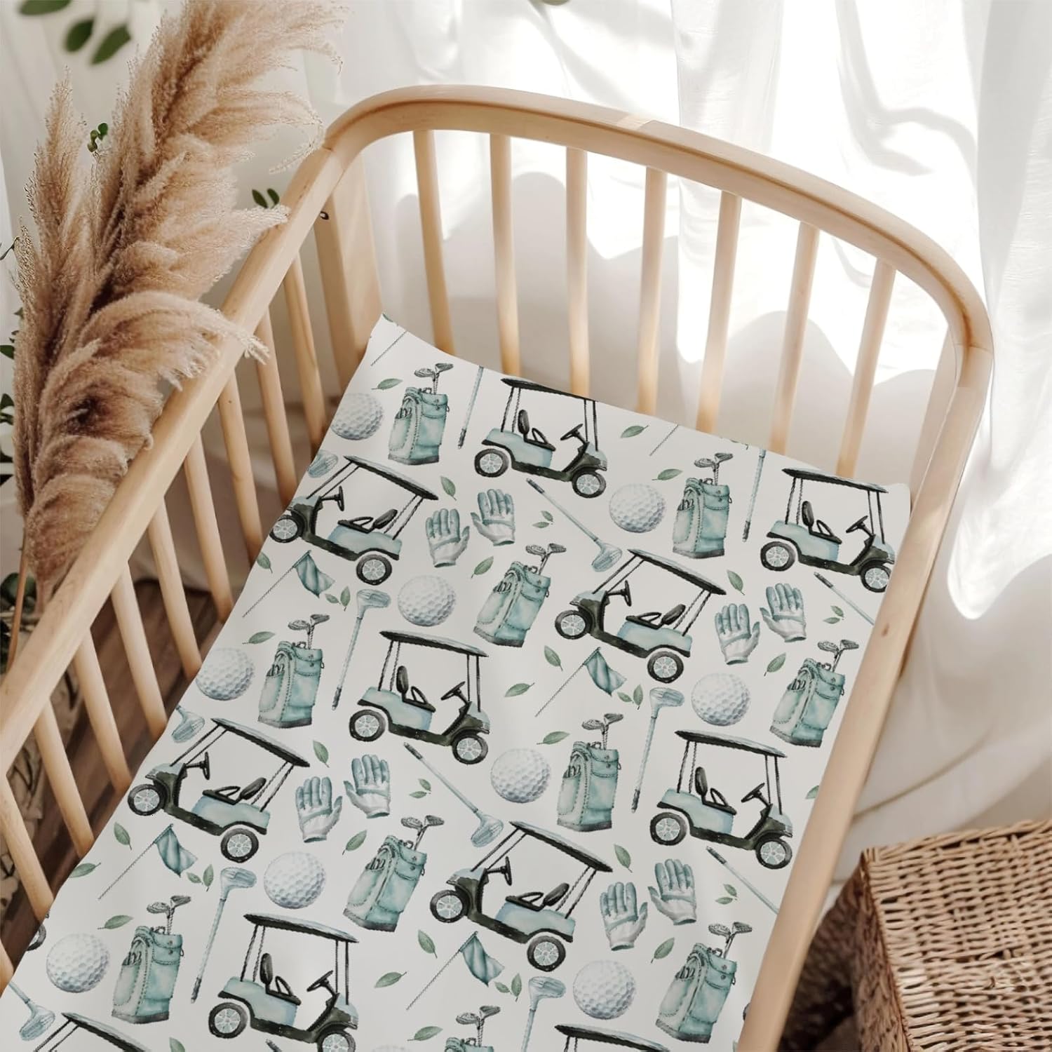 Golf Gear Sport Green Fitted Crib Sheet for Baby Girls Boys 52x28x9 in Golfing Cart Gloves Bag Flag Sports Fitted Crib Mattress Cover for Standard Crib Toddler Golfs Lovers Gift Bed Sheet