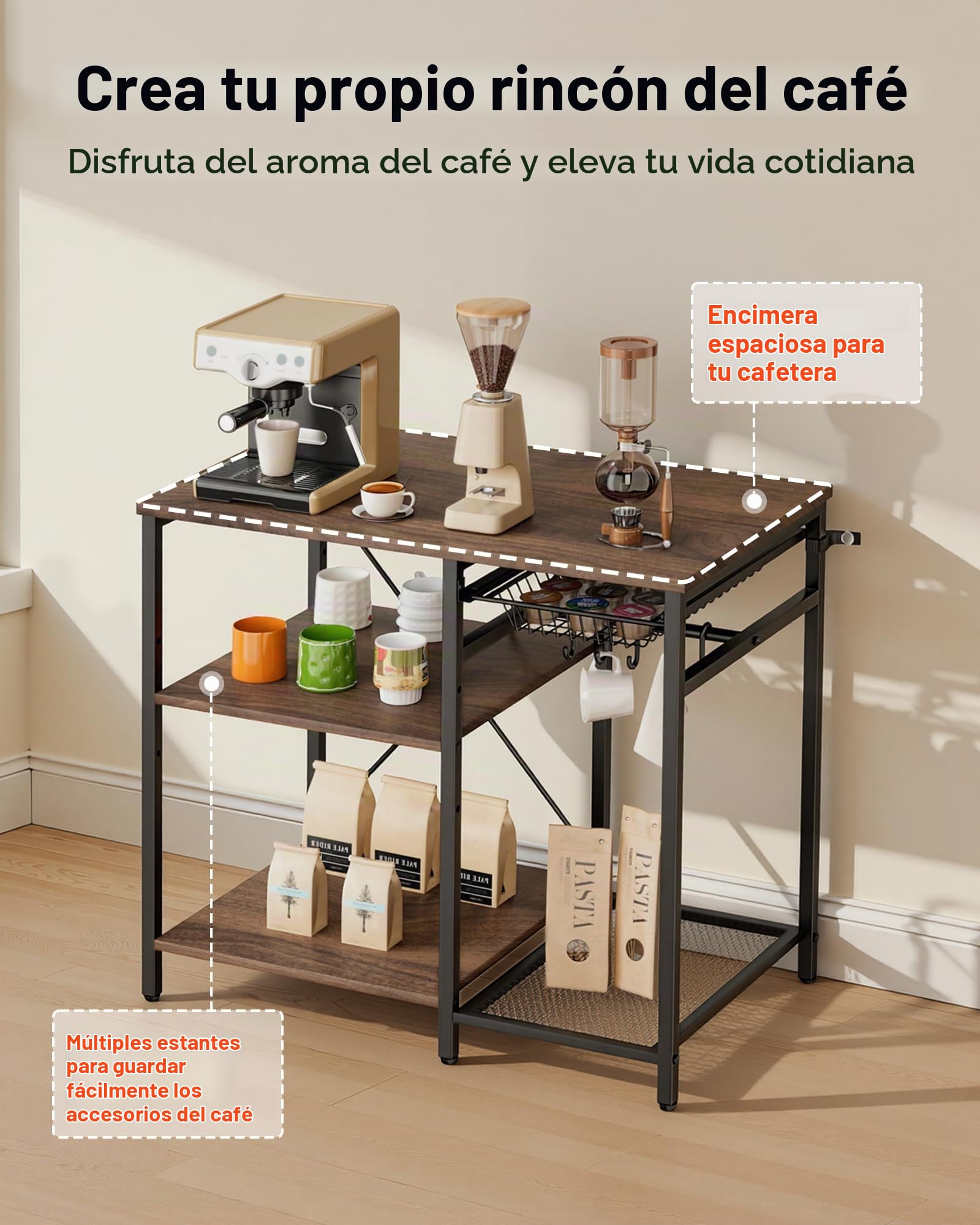 VEVOR Estante para Panaderos de Cocina de 3 Niveles, Estantería de Almacenamiento de Servicios 90 x 40 x 90 cm con 5 Ganchos, Carga del Superior de 30 kg, Estante con Soporte para Horno Microondas