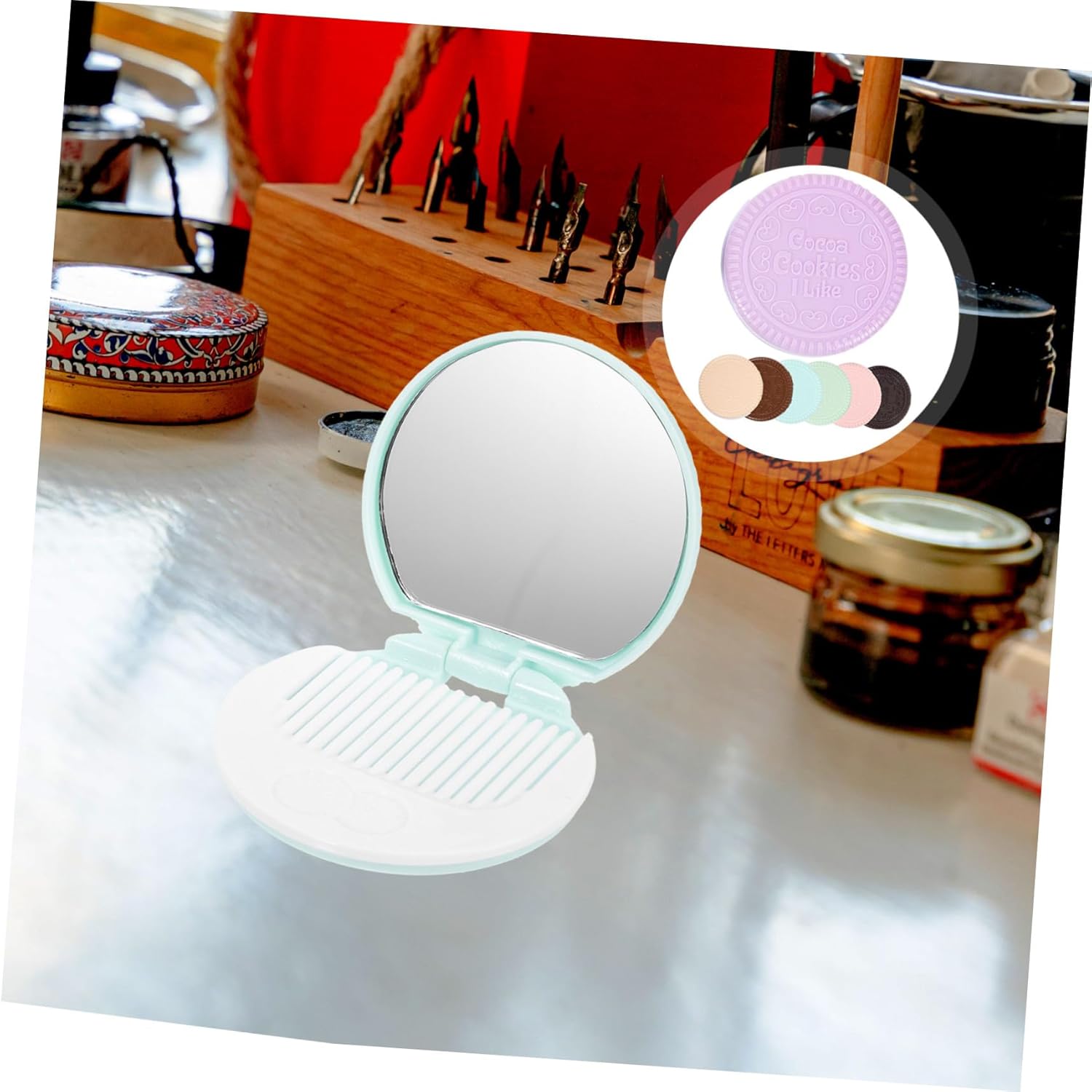 7PCS Chocolate Cookies Compact Mirror with Makeup Mirror and Comb for Women Handbag Accessory in Dark Brown Light Brown Yellow Blue Green Pink Purple