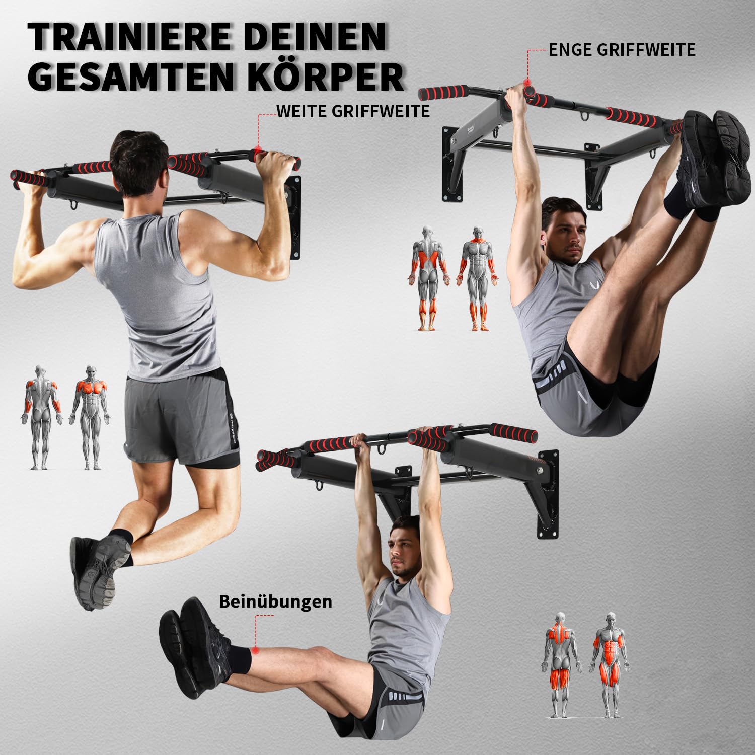 Klimmzugstange Wand zur Wandmontage, Multifunktionale Pull Up Bar für Zuhause bis 250kg mit 6 rutschfestem Schaumstoffgriff, Klimmzugstange Decke aus Stahl NV-166