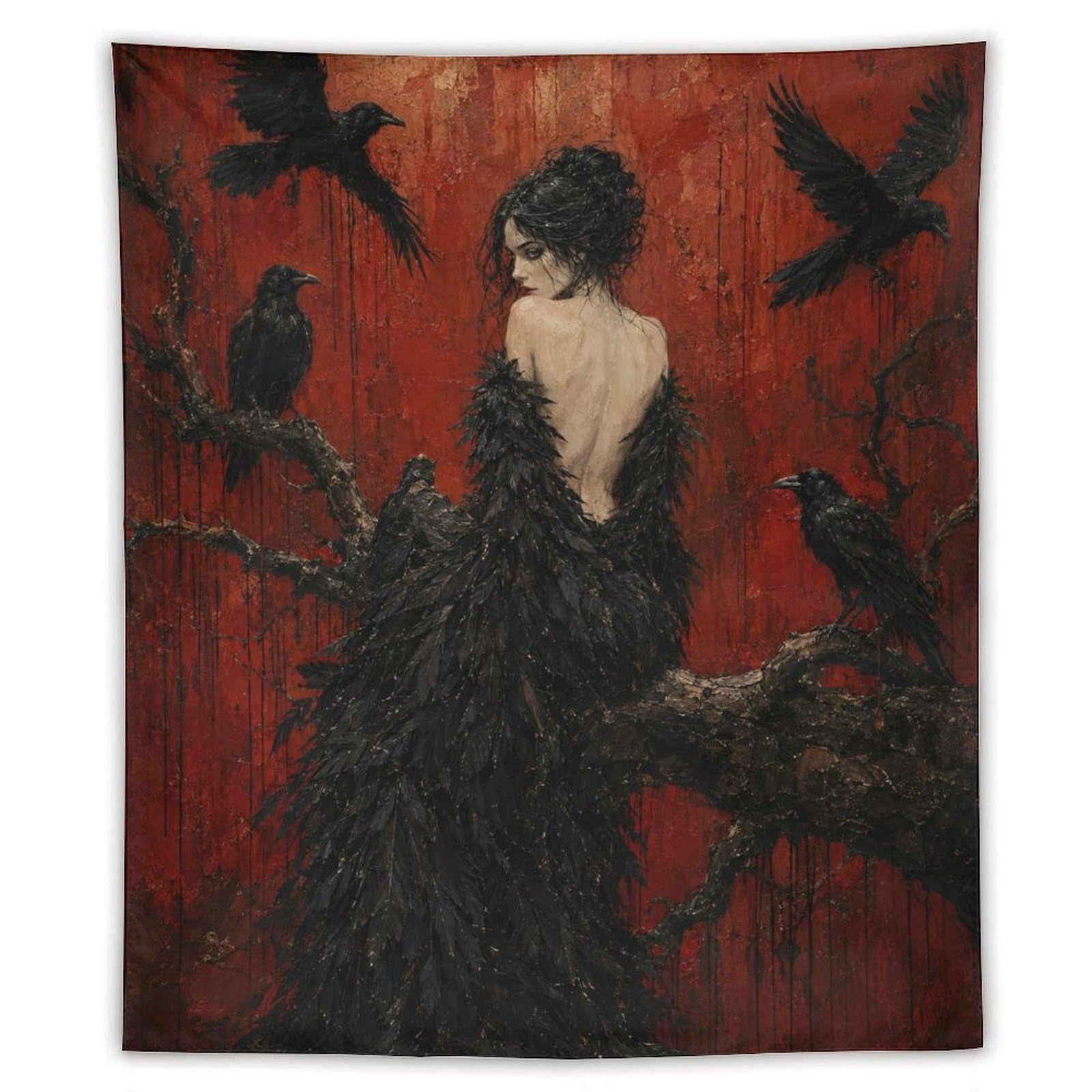 H3B8U2Y5 Raven Woman Surrounded by Crows Wall Tapestry, Gothic Art
