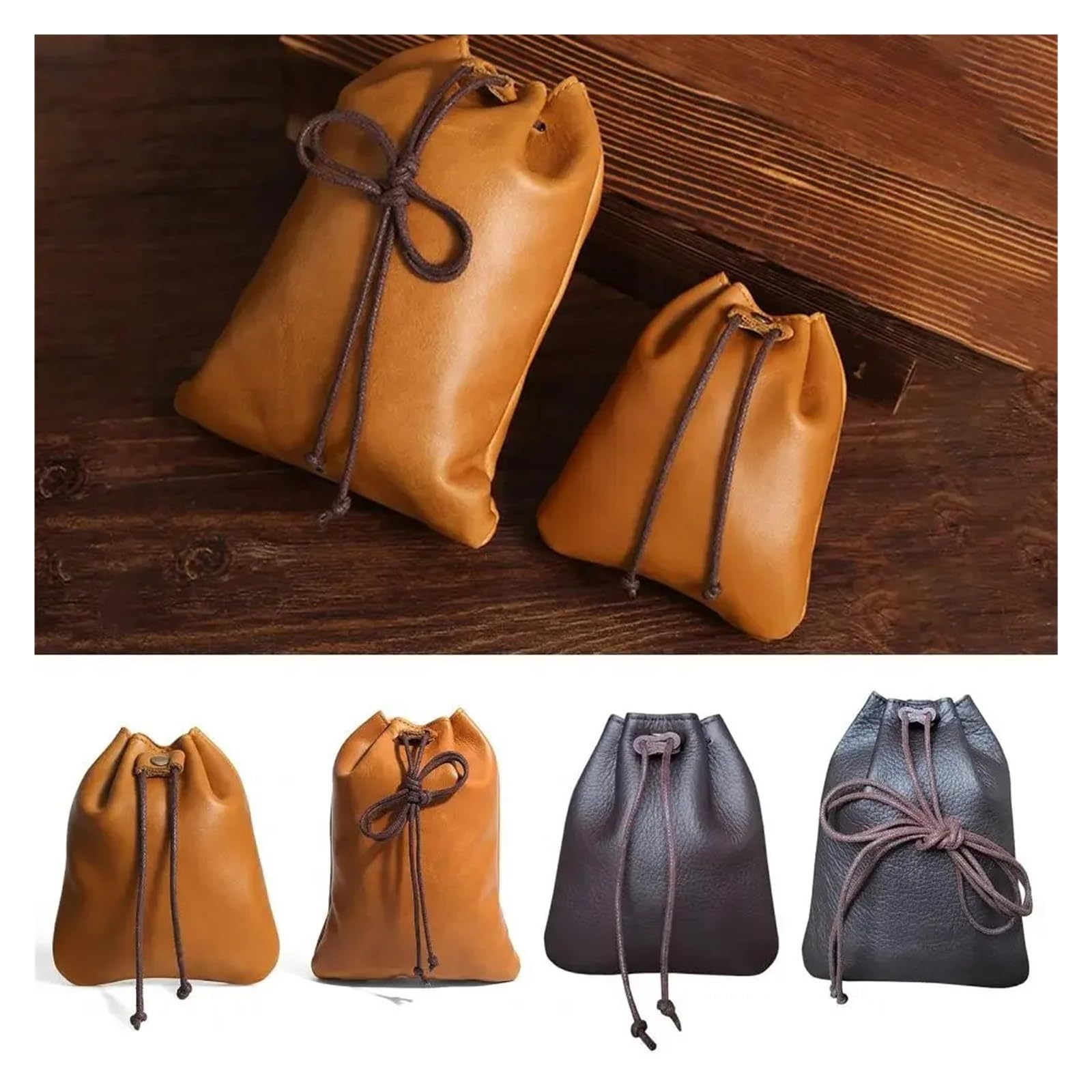 Sacchetto in Pelle con Coulisse Portafoglio Portamonete Borsa portaoggetti con Coulisse in Ecopelle in Pelle | Brown L