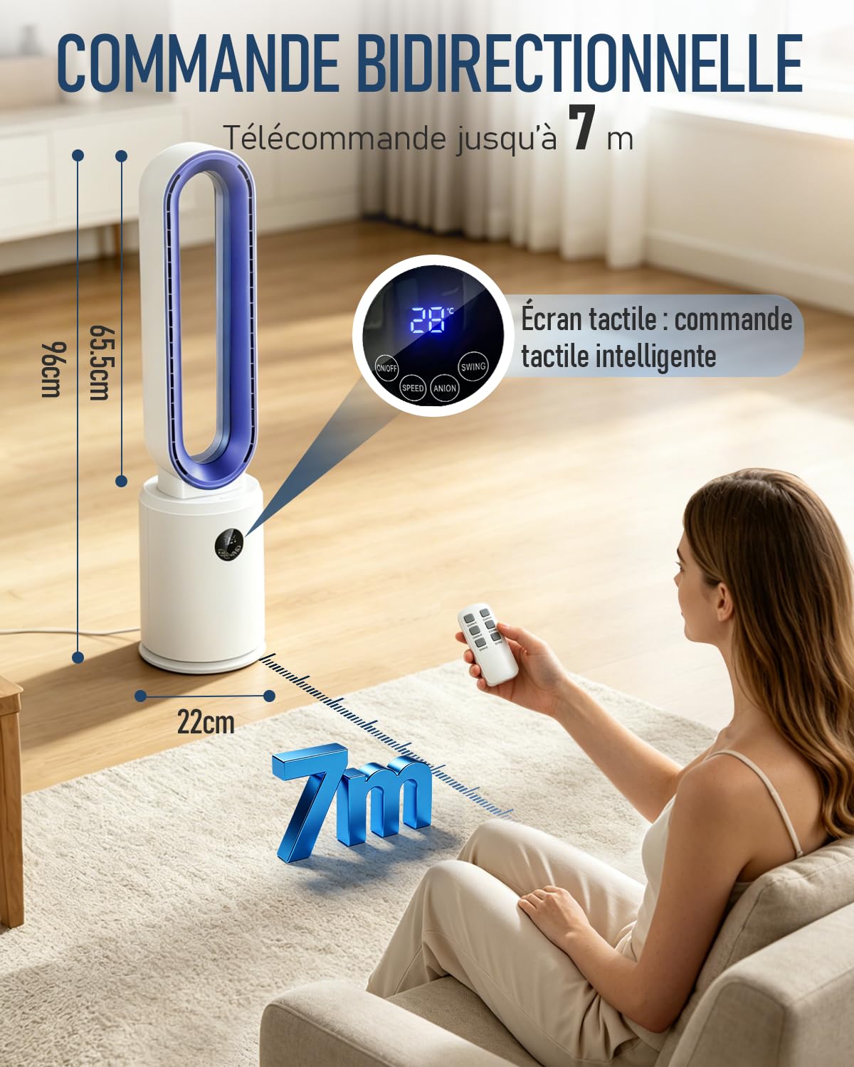 Ventilateur sans Pale - Ventilateur Colonne Silencieux 24 Vitesses avec Télécommande et Minuterie 12h, Moteur DC Écoénergétique, Écran LED Oscillation 60° Purification d'Air pour Chambre