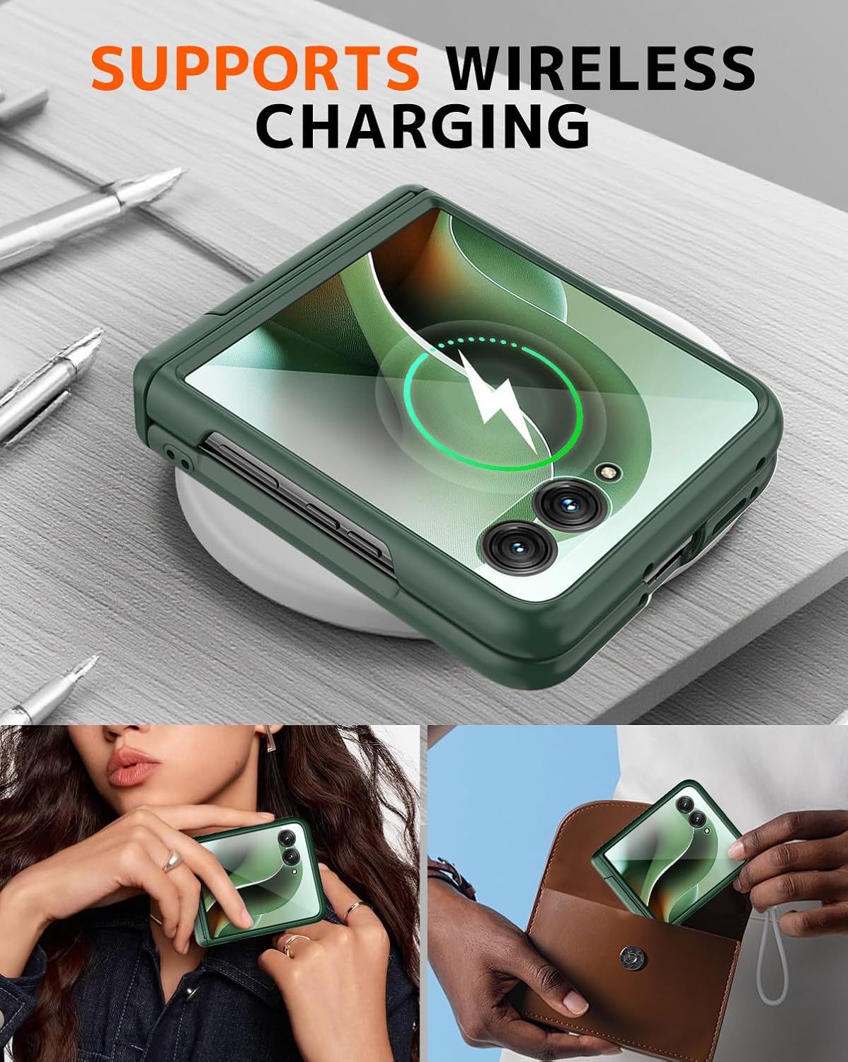 NINKI for Moto Razr 2025 Ultra Case with Hinge Protection,Screen Protector & Kickstand Case Rugged Full-Body Shockproof 2025 Ultra Leather Cover for Moto Razr 60Ultra Green