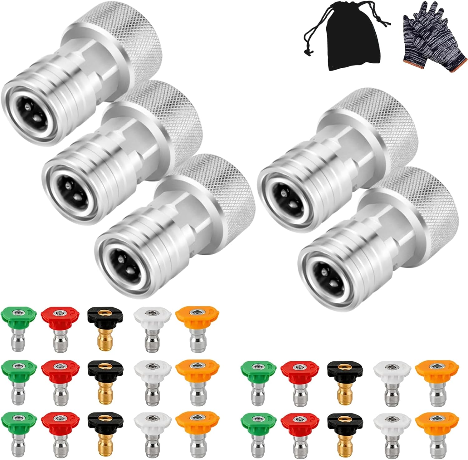 Garden Hose to Mini Power Washer Adapter-3/4" GHT to 1/4", Garden Hose Pressure Washer Attachment, Stainless Steel Connector Adapter Quick Installation (Connector with 5 Nozzle Set*3)