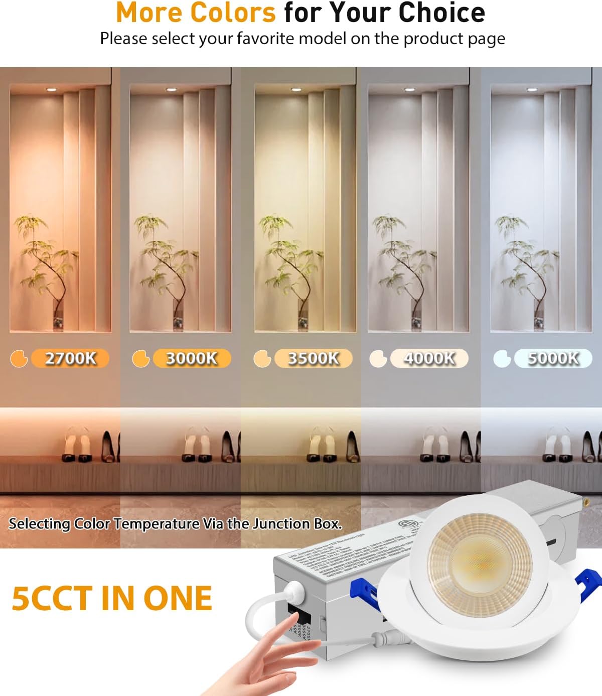 Adetu 2 Inch 5CCT Gimbal Led Recessed Lighting with Junction Box, 360°+90° Adjustable Eyeball Canless Light, 2700K/3000K/3500K/4000K/5000K Selectable, 5W Eqv 50W, 550LM Brightness - ETL(White, 4 Pack)