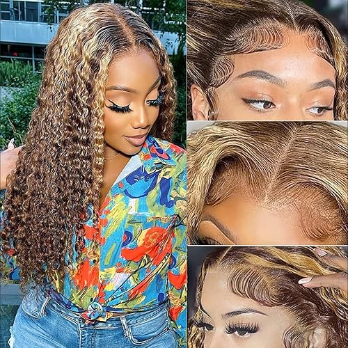 Chesma Honey Blonde 4/27 Ombre Lace Front Wig Human Hair 13x4 HD Highlight Deep Wave Lace Frontal Wigs Glueless Wigs Human Hair Pre Plucked with Baby Hair 180 Density(22 Inch)