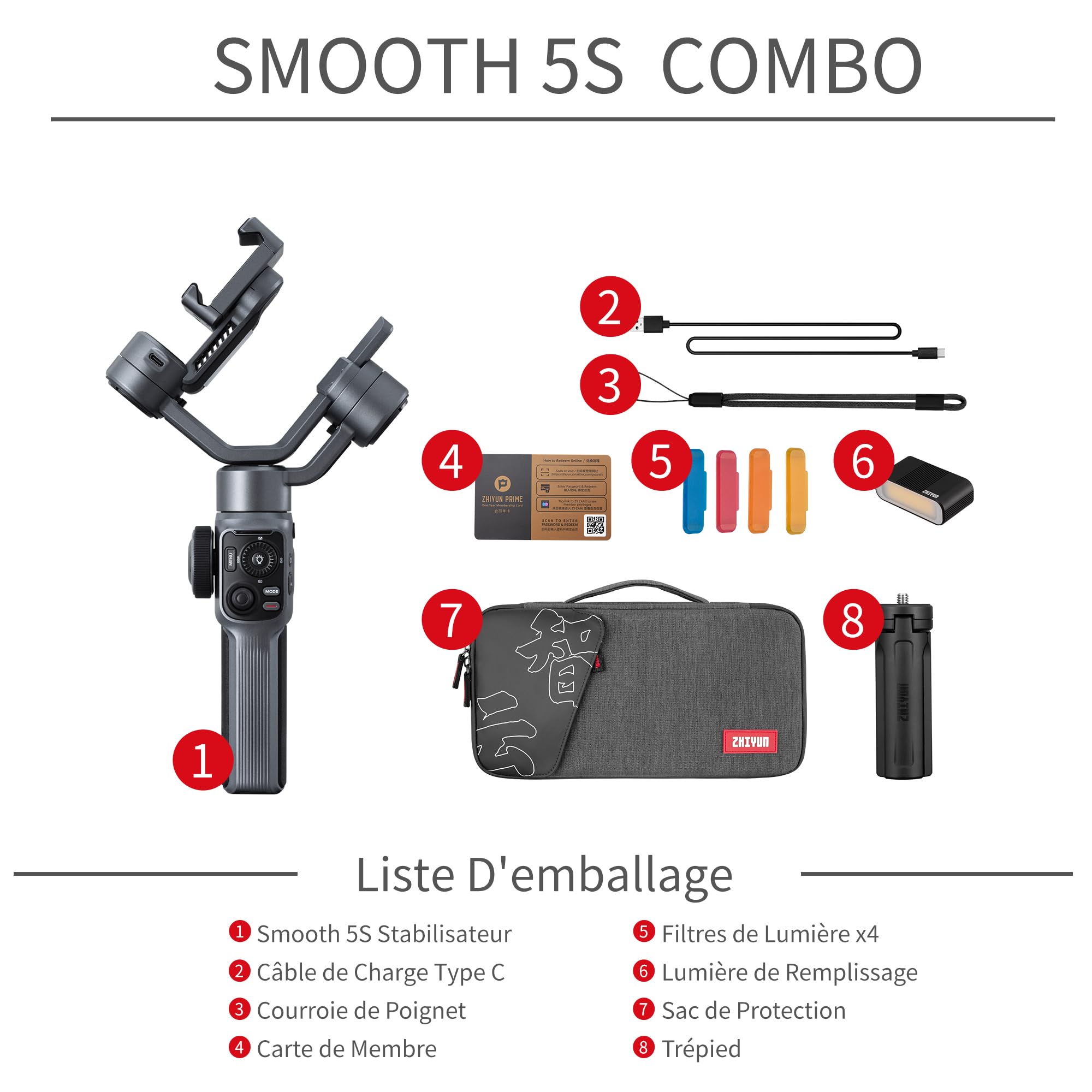 ZHIYUN Smooth-5S Combo [Official] Stabilisateur de cardan iPhone 3 Axes avec lumières magnétiques, cardan pour Smartphone avec trépied, stabilisateur de téléphone Portable pour FilmIC Pro, Vlog,