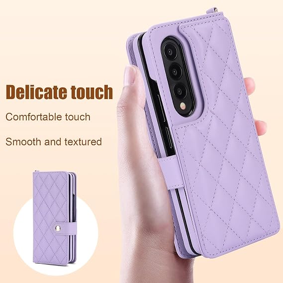 Samsung Galaxy Z Fold 3用 ウォレットケース Sペンホルダー&クロスボディランヤードストラップ&リストストリップ付き 耐衝撃 スタイリッシュ 保護カバー Galaxy Z Fold 3用 パープル