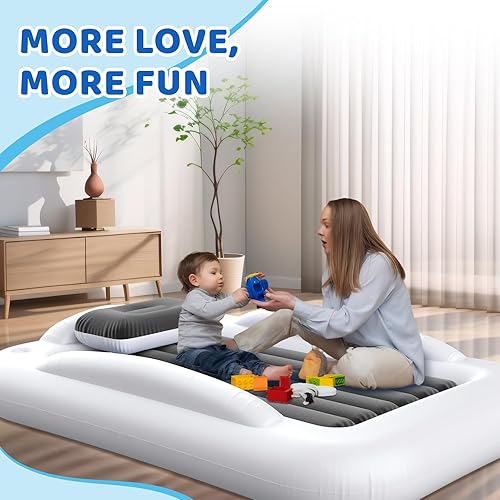 Miniatura 18 de Cama inflable de viaje para niños pequeños, cama portátil de 60 pulgadas para viajes con lados de seguridad, acogedor juego de colchón de aire