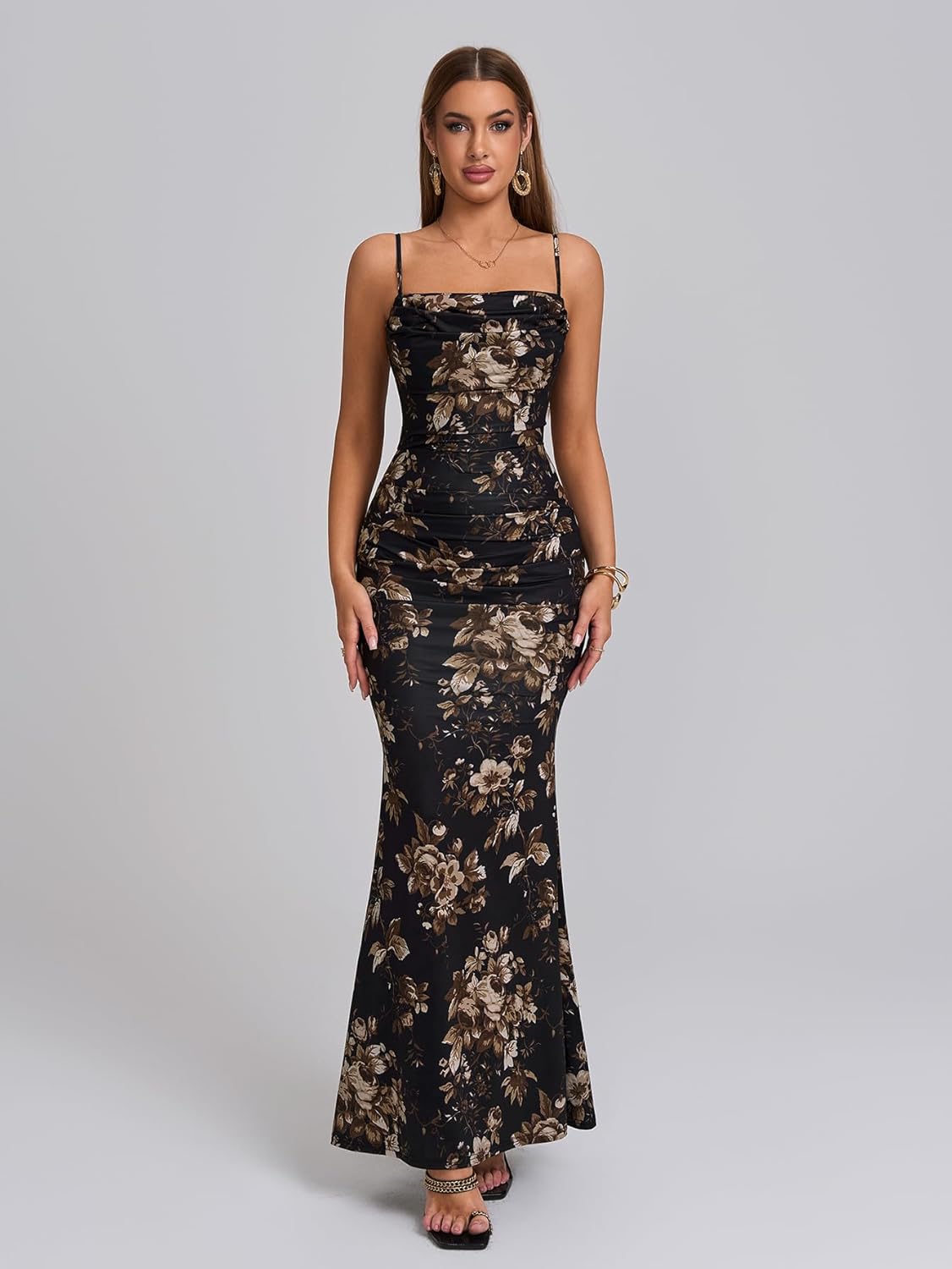 EYNMIN Women's Sleeveless Bodycon Corset Maxi Dress Spaghetti Strap Ruched Elegant Evening Wedding Guest Long Formal Dresses - Image 2