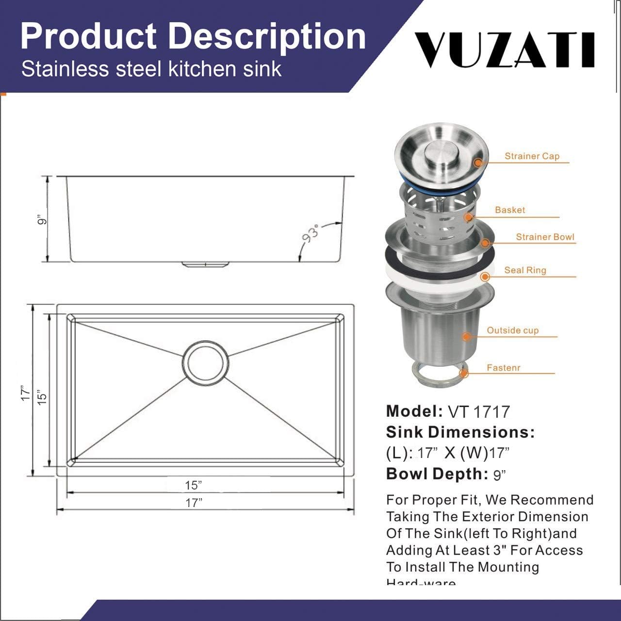 Bеѕt Sеllеr VUZATI Undermount Stainless Steel Kitchen Sink - 17 x 17 Deep Single Bowl Sink Basin - Bottom Grid - Basket Strainer - Cleaning Towel - Roll Mat – Cleaning Sponge (17 x 17 x 9 Inch)