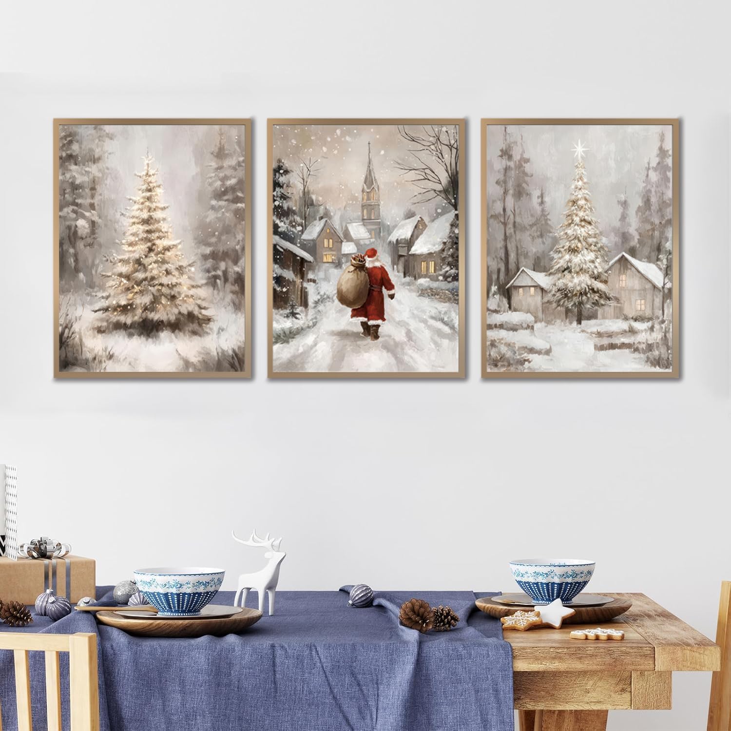 3Pcs Winter Snow Scene Wall Art Christmas Pine Trees Landscape Wall Decor Picture Retro Cabin Snowy Canvas Art Painting Country Nature poster Prints for Bedroom Living Room Kitchen Unframed