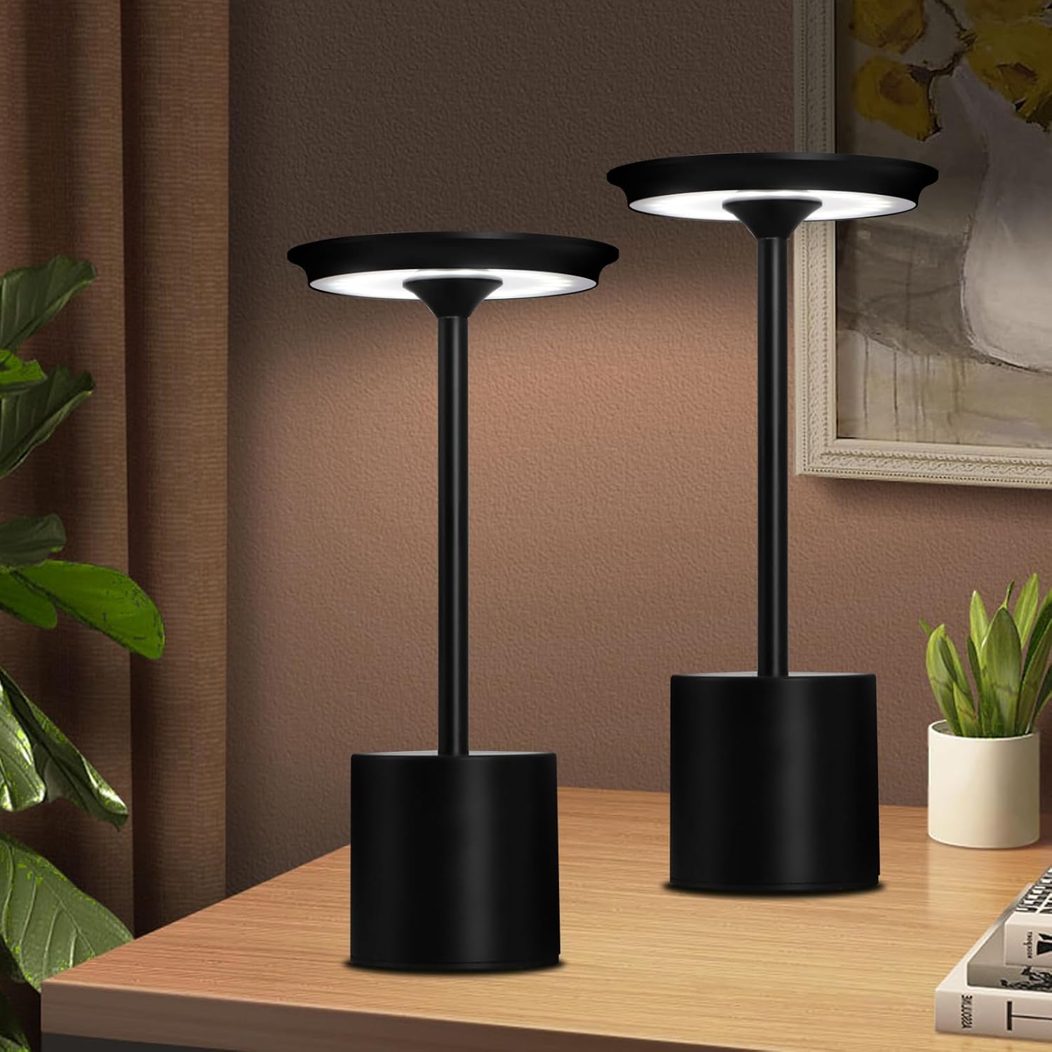 Cordless Table Lamp Rechargeable, 5000mAh Battery Operated LED Desk Lamp, Portable Outdoor Waterproof 3-Color Touch Table Lights for Dining/Patio/Restaurant/Home (Black 2P)