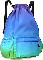 Vista 9 de Mochila con cordón para mujer, bolsa de gimnasio con cordón, resistente al agua, pequeña bolsa de cincha azul (Blue-Blue)