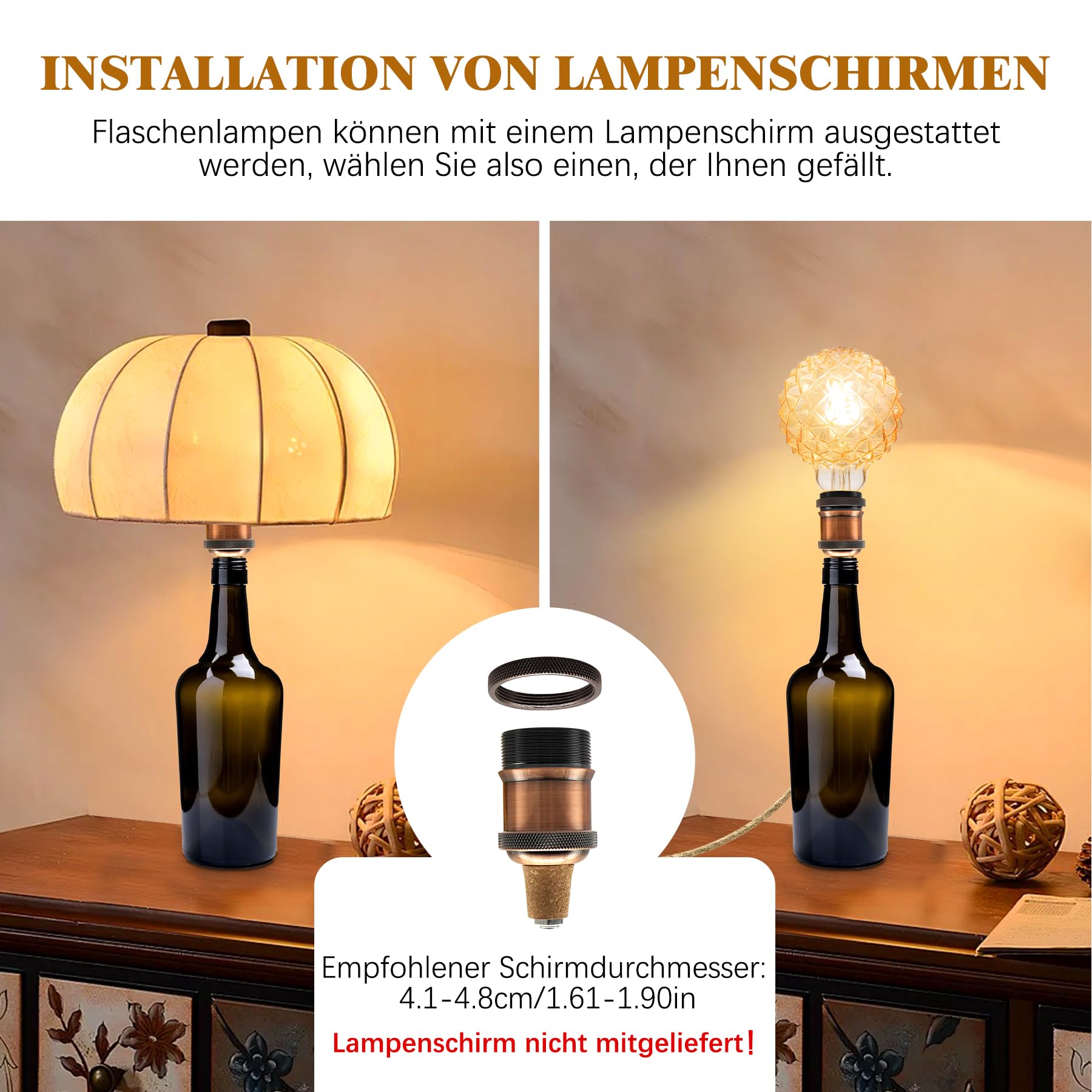DoRight E27 Flaschenlampen Adapter Set 2er Pack Mit Schalter & Stecker – Für DIY Tischlampen Aus Weinflaschen, Schwarz