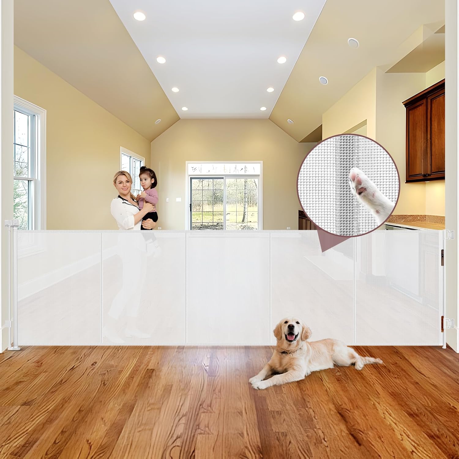 Reinforced 41" Extra Tall Retractable Baby Gates Extra Wide 120" Retractable Dog Gate with Support Rods, Indoor Mesh Baby Gate Retractable Gate Outdoor Extra Tall Dog Gate for Large Openings, White White (41" Tall x 120" Wide)