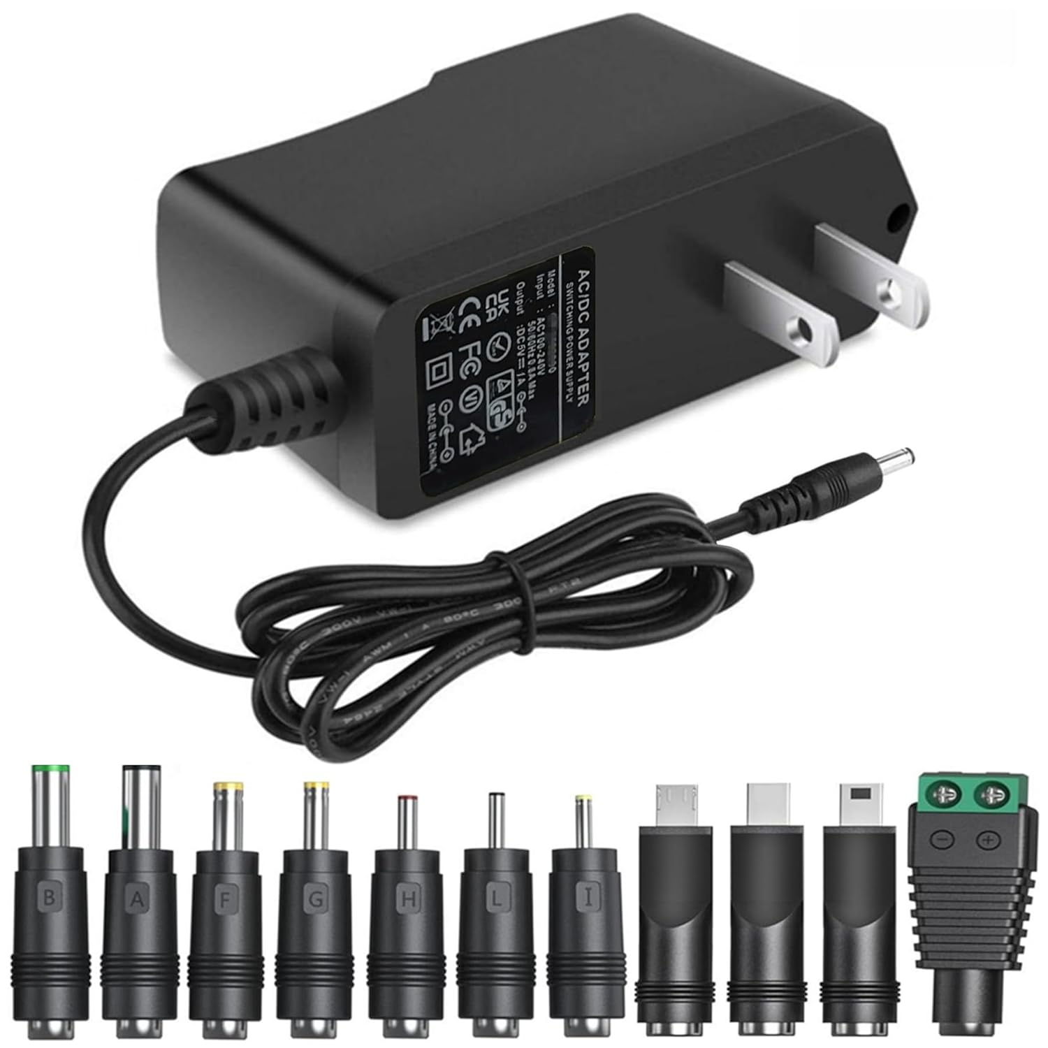 5V 1A AC Adapter DC5V Power Supply Cord with 11 Plug Tips AC to DC 5Volt 1A 500mA